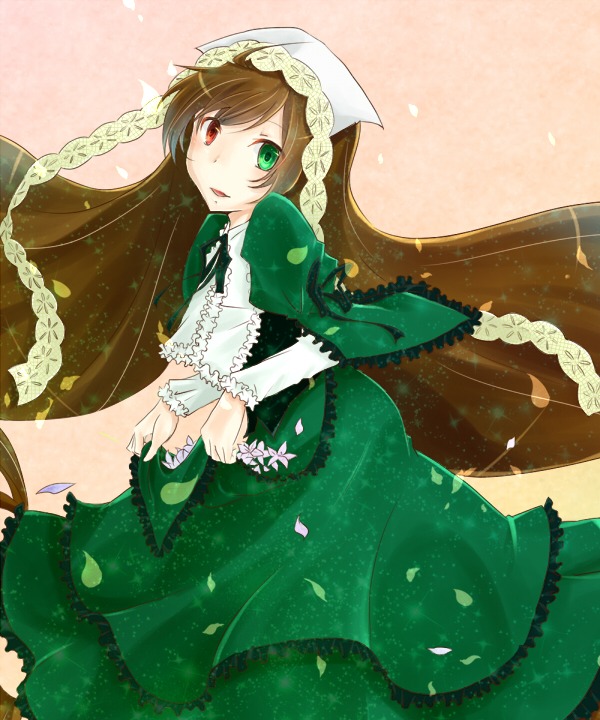 1girl brown_hair dress frills green_dress green_eyes head_scarf heterochromia image long_hair long_sleeves looking_at_viewer petals red_eyes solo suiseiseki very_long_hair