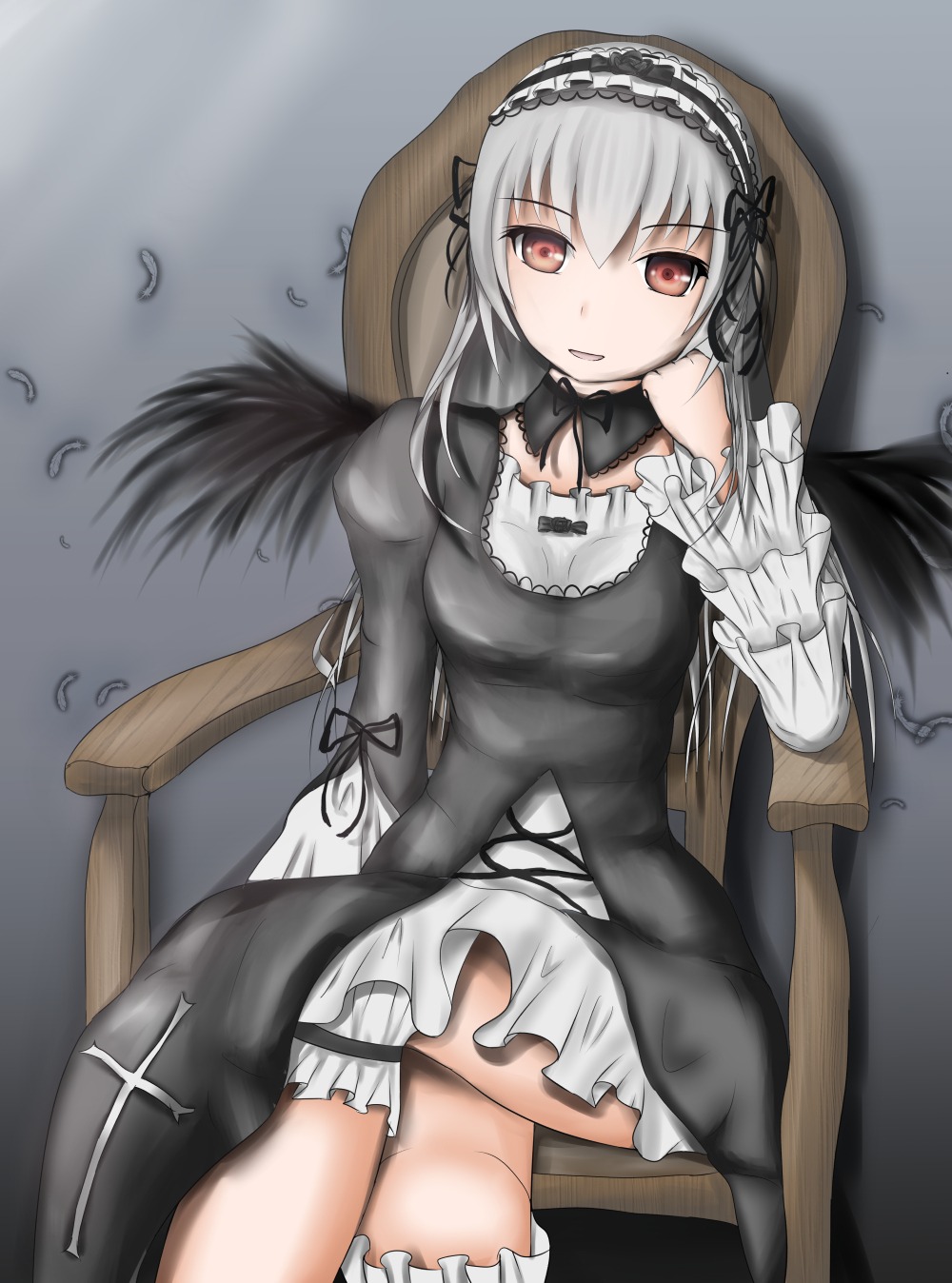 1girl black_wings chair doll_joints dress feathered_wings feathers frills hairband image joints lolita_fashion long_hair long_sleeves looking_at_viewer red_eyes silver_hair sitting solo suigintou wings