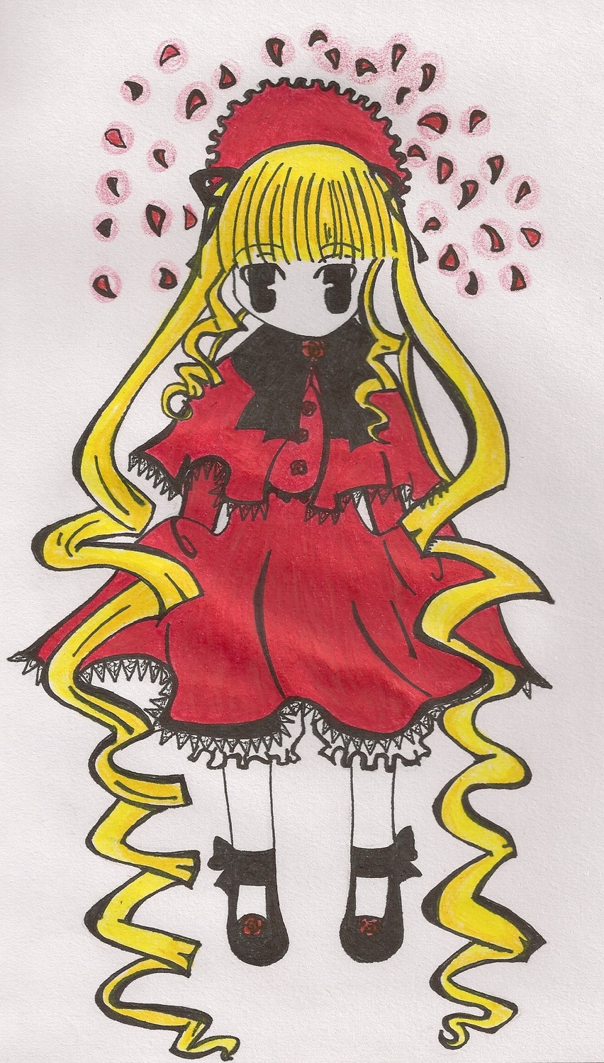1girl blonde_hair blush bonnet bow dress full_body image long_hair long_sleeves looking_at_viewer petals red_dress rose shinku shoes solo standing traditional_media very_long_hair