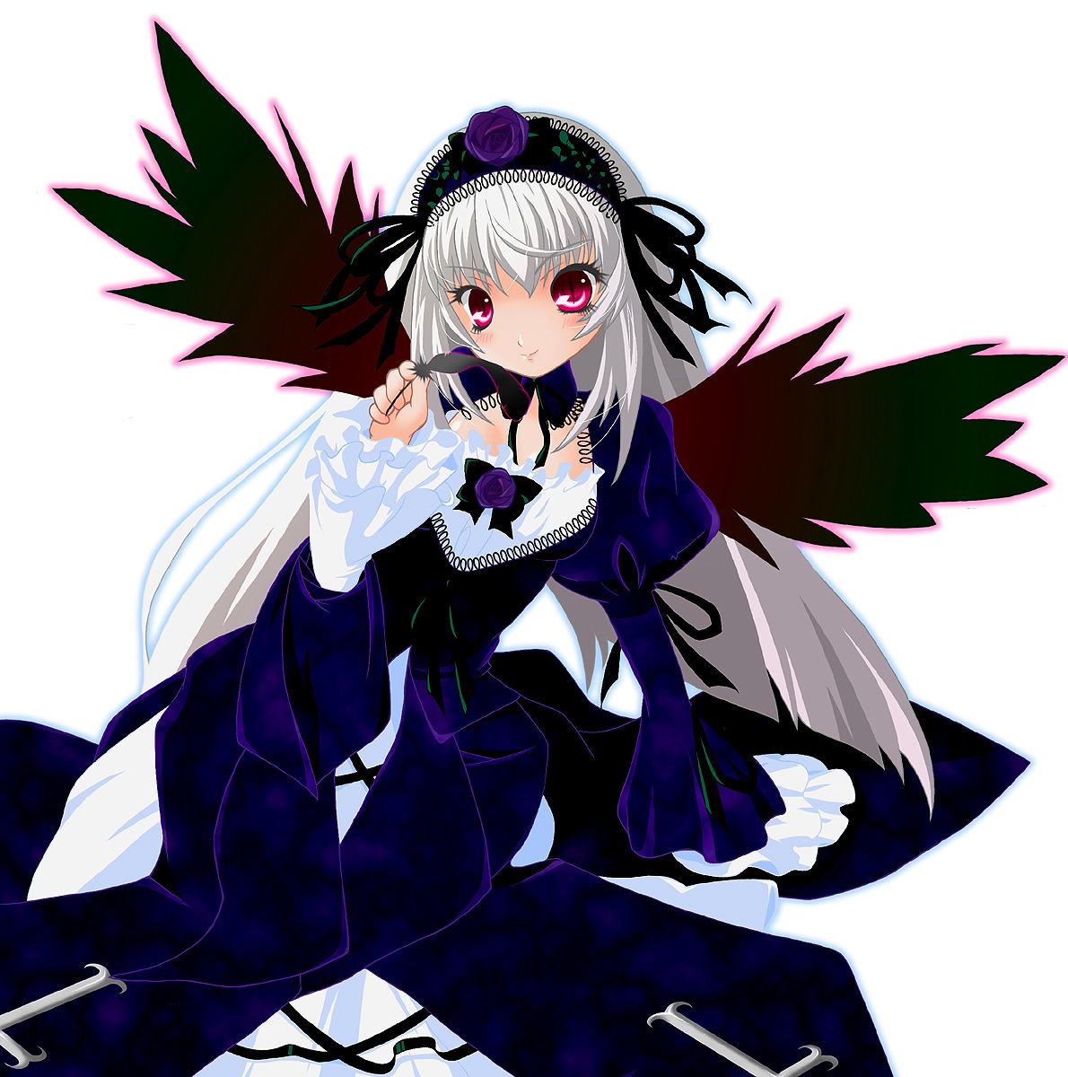 1girl black_wings detached_collar dress flower frills hairband image long_hair long_sleeves looking_at_viewer pink_eyes puffy_sleeves rose silver_hair smile solo suigintou wings