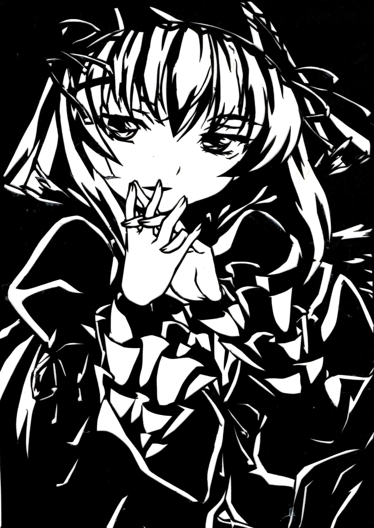 1girl blush dress greyscale hands_clasped hands_together image juliet_sleeves long_sleeves looking_at_viewer monochrome own_hands_together puffy_sleeves solo suigintou upper_body