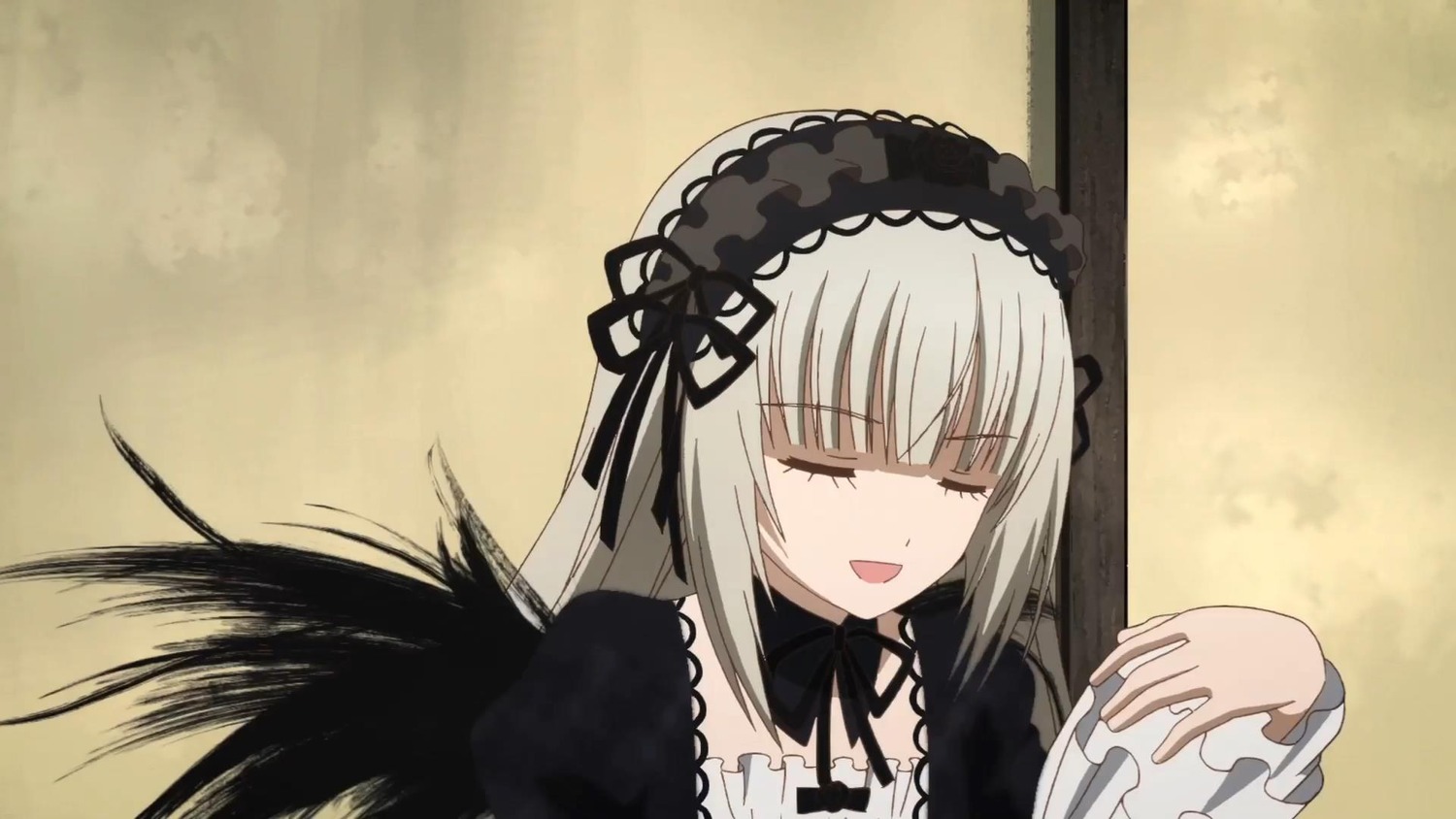 1girl :d bangs black_ribbon black_wings closed_eyes dress hairband image juliet_sleeves lolita_fashion long_hair long_sleeves open_mouth ribbon silver_hair smile solo suigintou upper_body wings