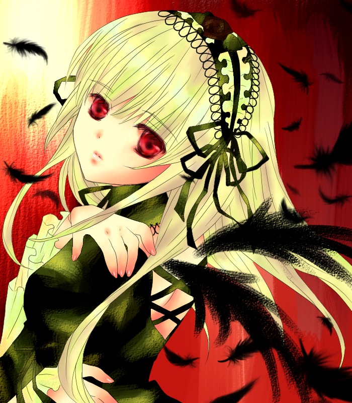 1girl autumn_leaves bangs bird black_feathers black_wings crow feathered_wings feathers frills hairband image leaf long_hair looking_at_viewer maple_leaf nail_polish red_eyes ribbon solo suigintou white_feathers white_wings wings