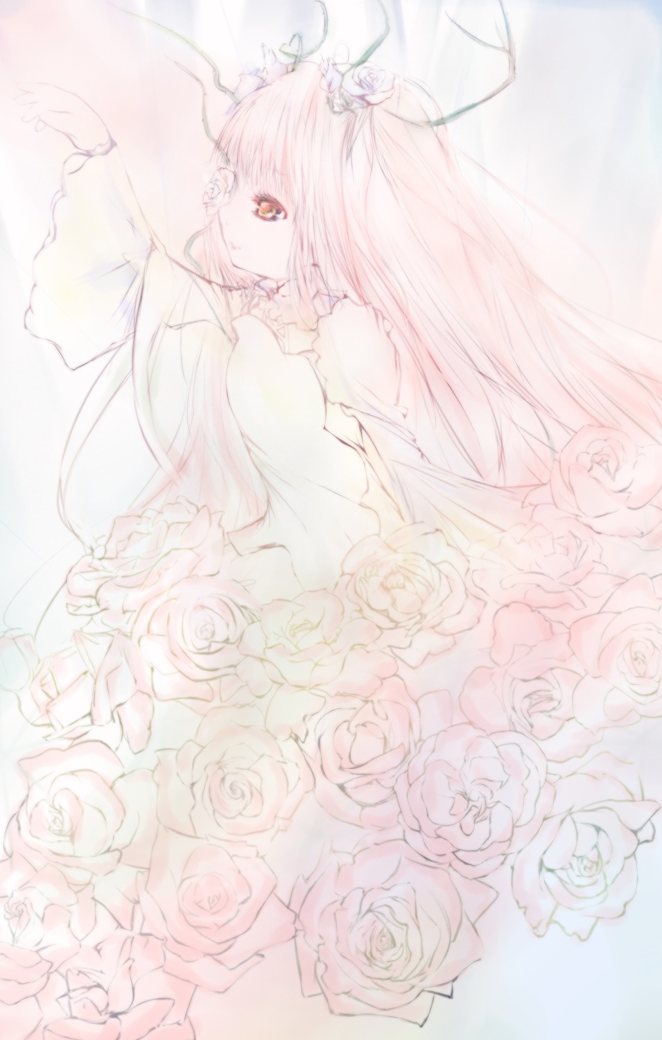 1girl black_rose bouquet dress flower frills hair_flower image kirakishou long_hair pink_flower pink_hair pink_rose red_rose rose solo thorns very_long_hair white_flower white_rose yellow_rose