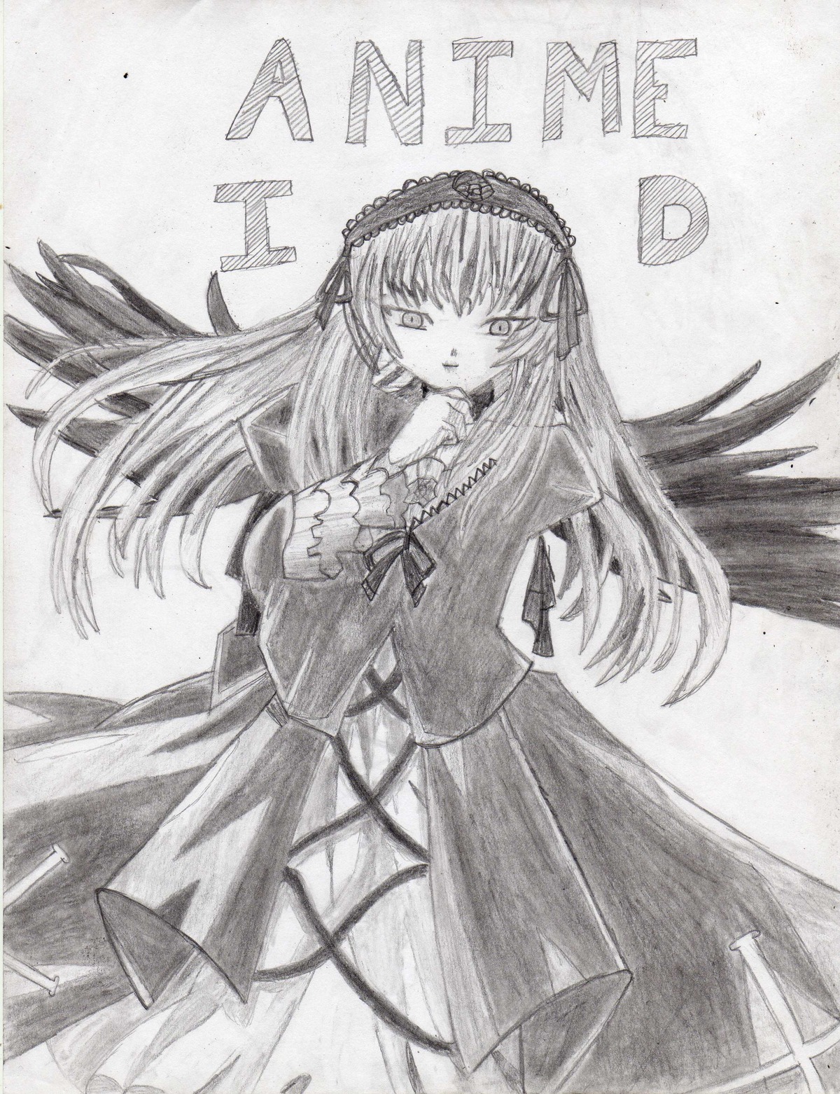 1girl auto_tagged dress frills greyscale hairband image long_hair long_sleeves looking_at_viewer monochrome solo suigintou traditional_media wings