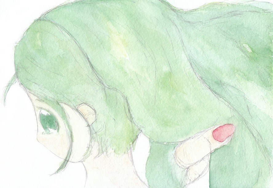1girl green_eyes green_hair green_theme image kanaria profile short_hair simple_background solo upper_body