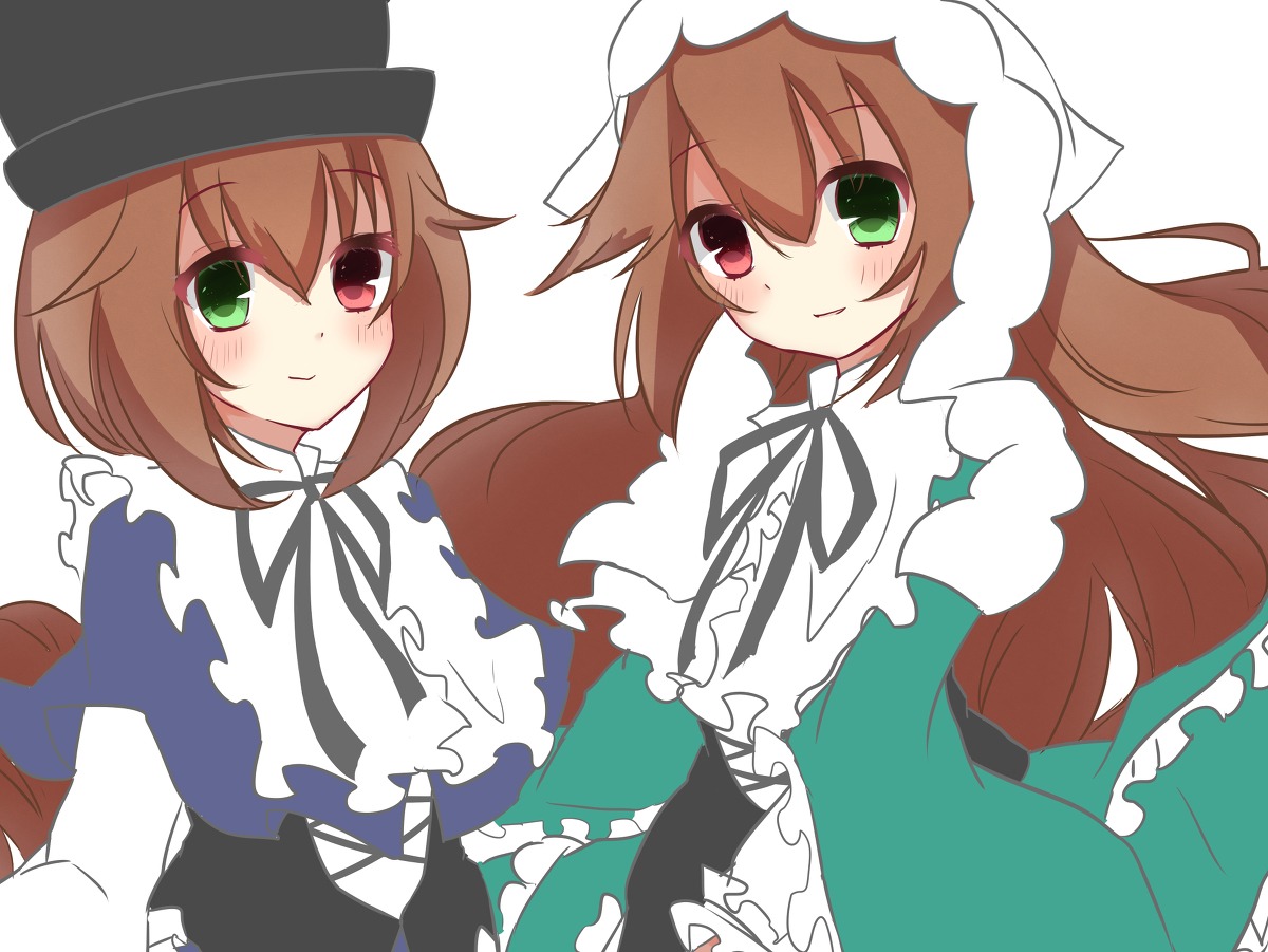 2girls brown_hair dress green_dress green_eyes hat head_scarf heterochromia image long_hair long_sleeves looking_at_viewer multiple_girls neene pair red_eyes ribbon siblings sisters smile souseiseki suiseiseki twins very_long_hair white_background