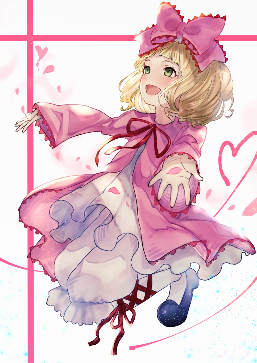 1girl :d blonde_hair blush bow dress full_body green_eyes hair_bow hinaichigo image long_sleeves open_mouth outstretched_arms pantyhose petals pink_bow pink_dress ribbon shoes short_hair smile solo white_legwear