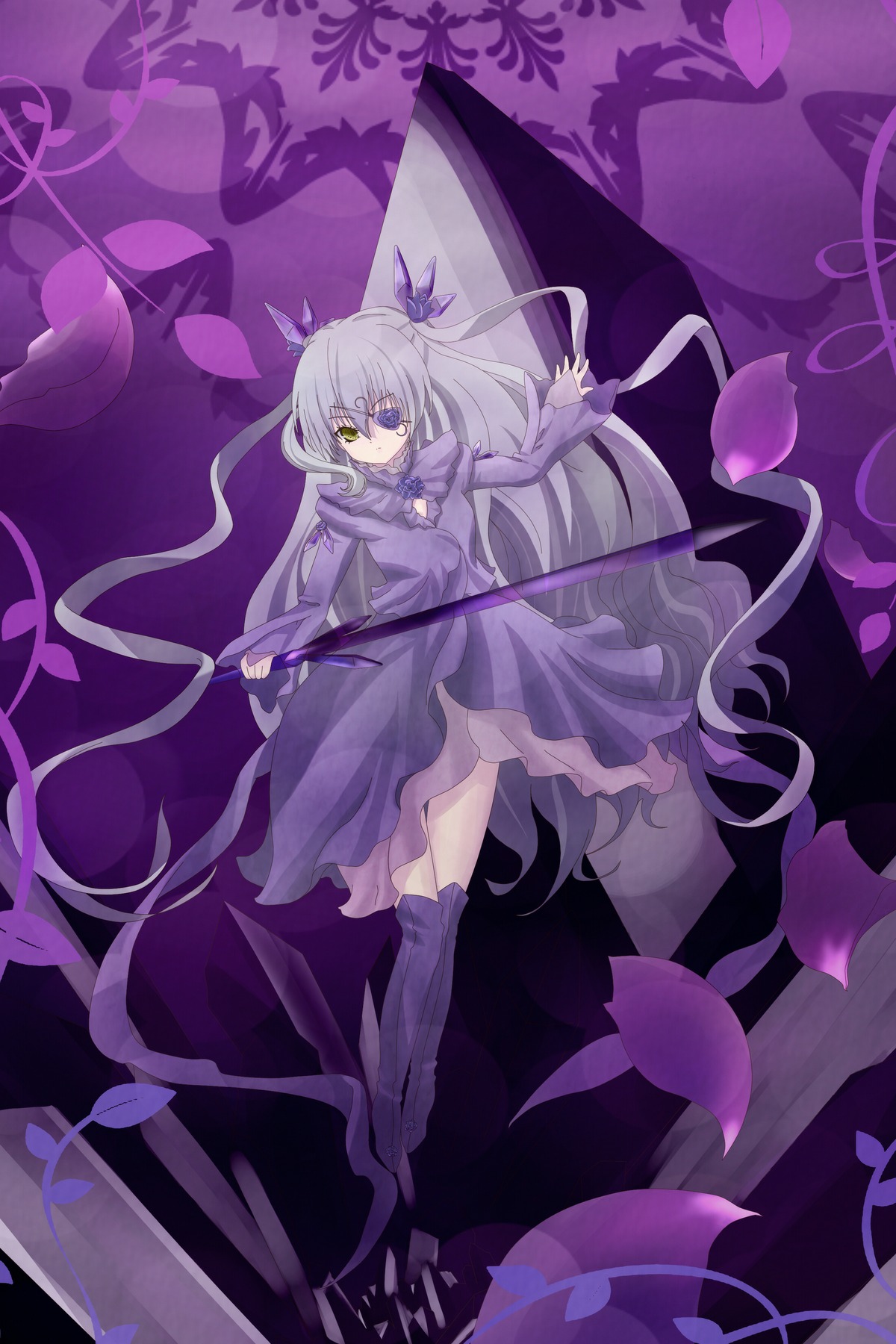 1girl barasuishou boots dress flower full_body image long_hair long_sleeves purple_dress purple_flower purple_theme solo very_long_hair