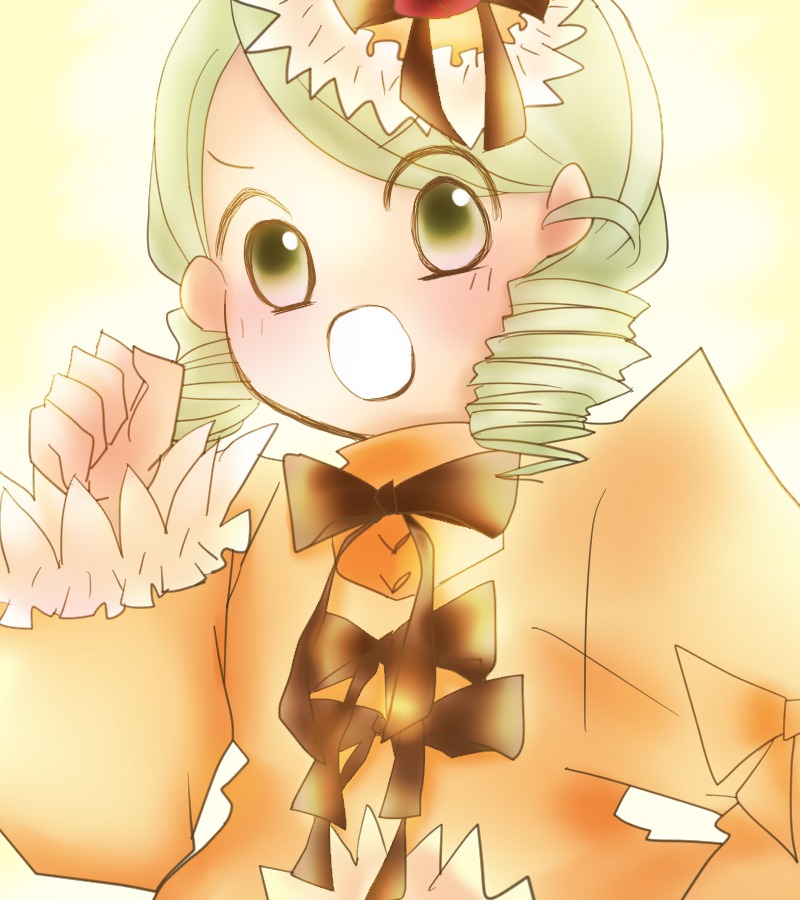 1girl animal_ears blush bow bowtie drill_hair green_eyes green_hair image kanaria long_sleeves open_mouth solo