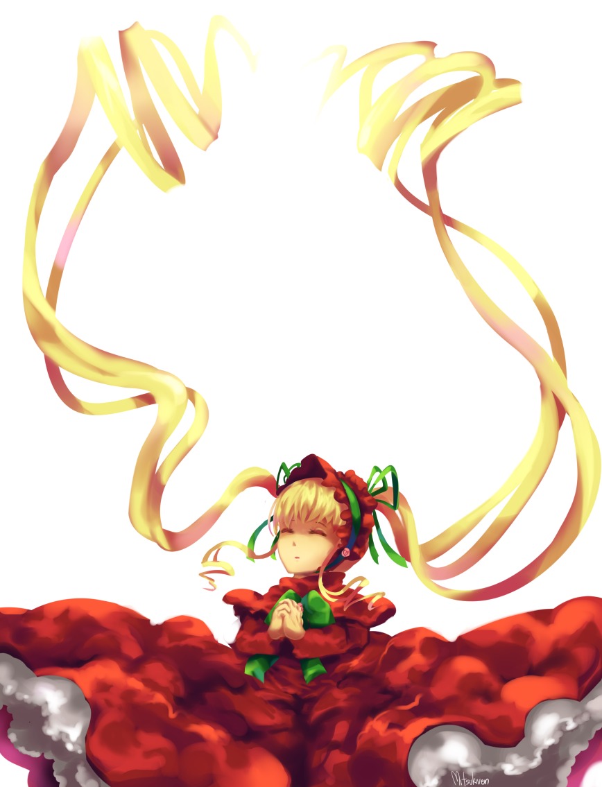 1girl absurdly_long_hair blonde_hair bonnet bow closed_eyes dress image long_hair long_sleeves red_dress ribbon shinku sleeping solo twintails very_long_hair