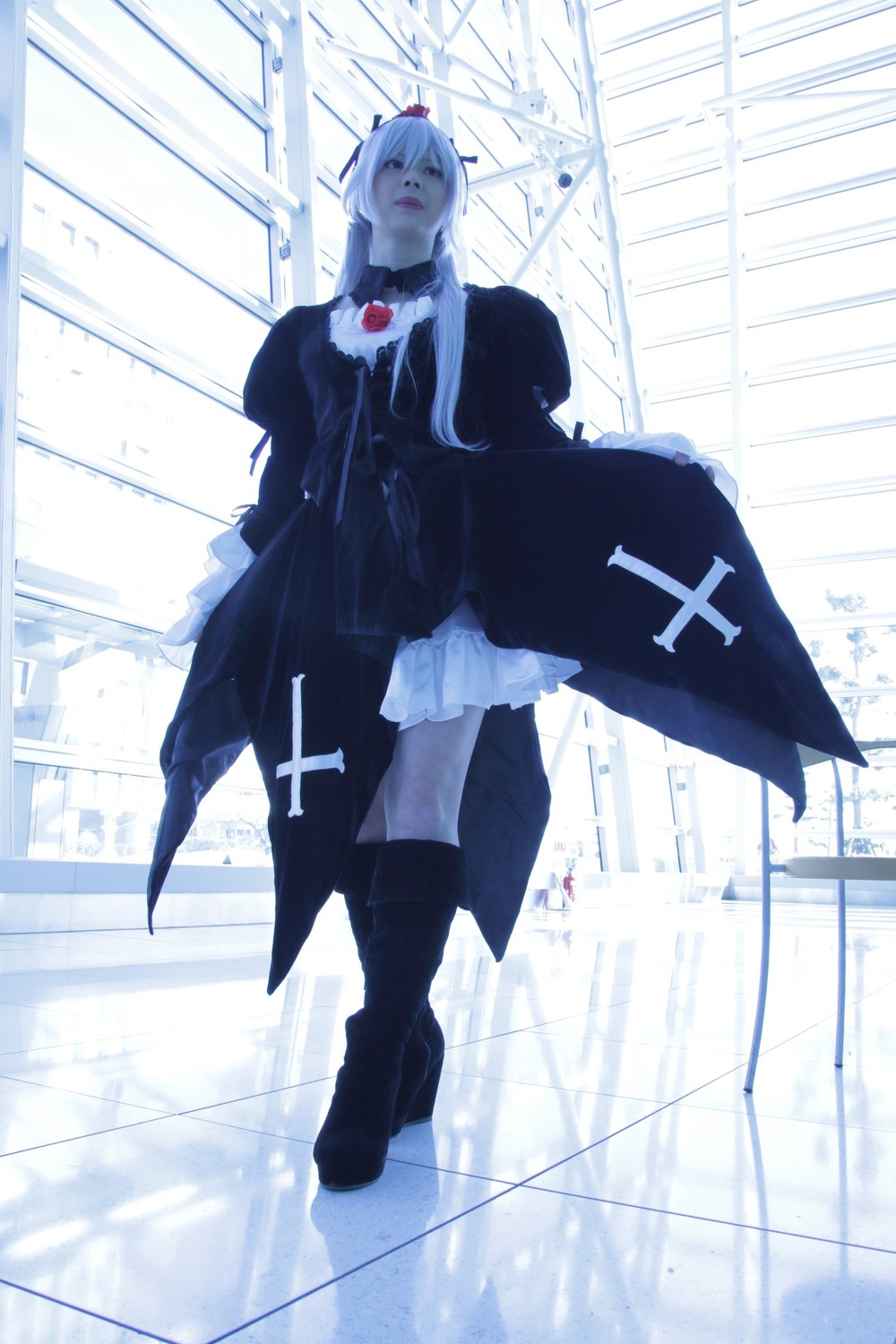 1girl black_footwear boots coat dress full_body long_hair long_sleeves solo standing suigintou white_hair