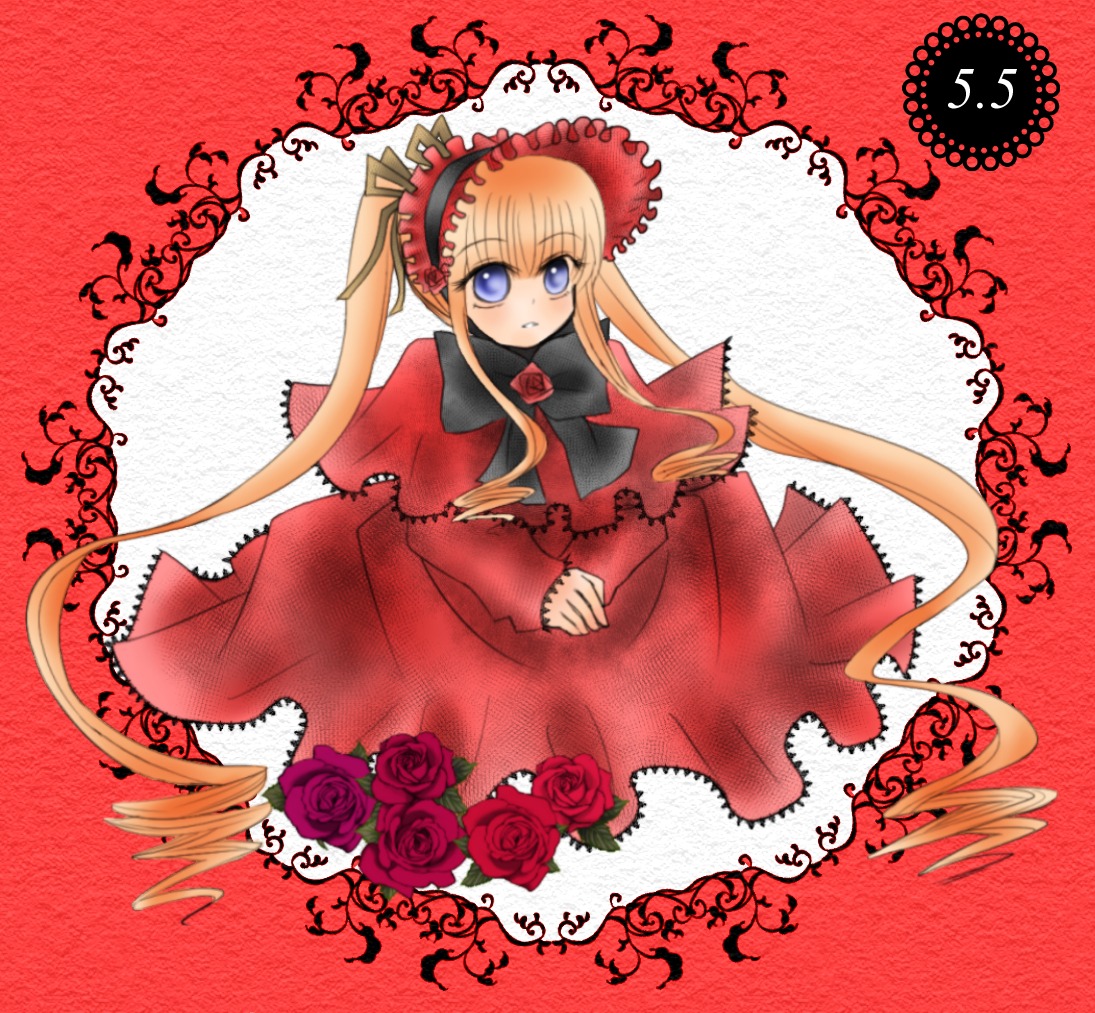 1girl blonde_hair blue_eyes bonnet bow bowtie capelet dress flower green_bow image long_hair long_sleeves looking_at_viewer red_capelet red_dress red_flower red_rose red_theme rose shinku solo twintails very_long_hair