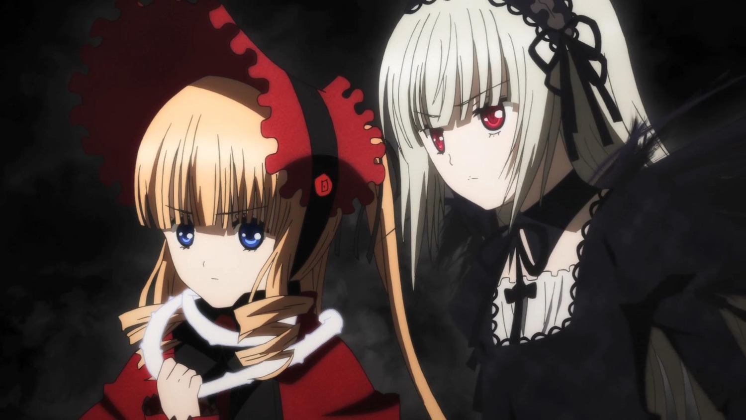 2girls blonde_hair blue_eyes bonnet bow dress drill_hair flower hairband image long_hair long_sleeves multiple_girls pair red_eyes rose shinku silver_hair suigintou twintails umbrella