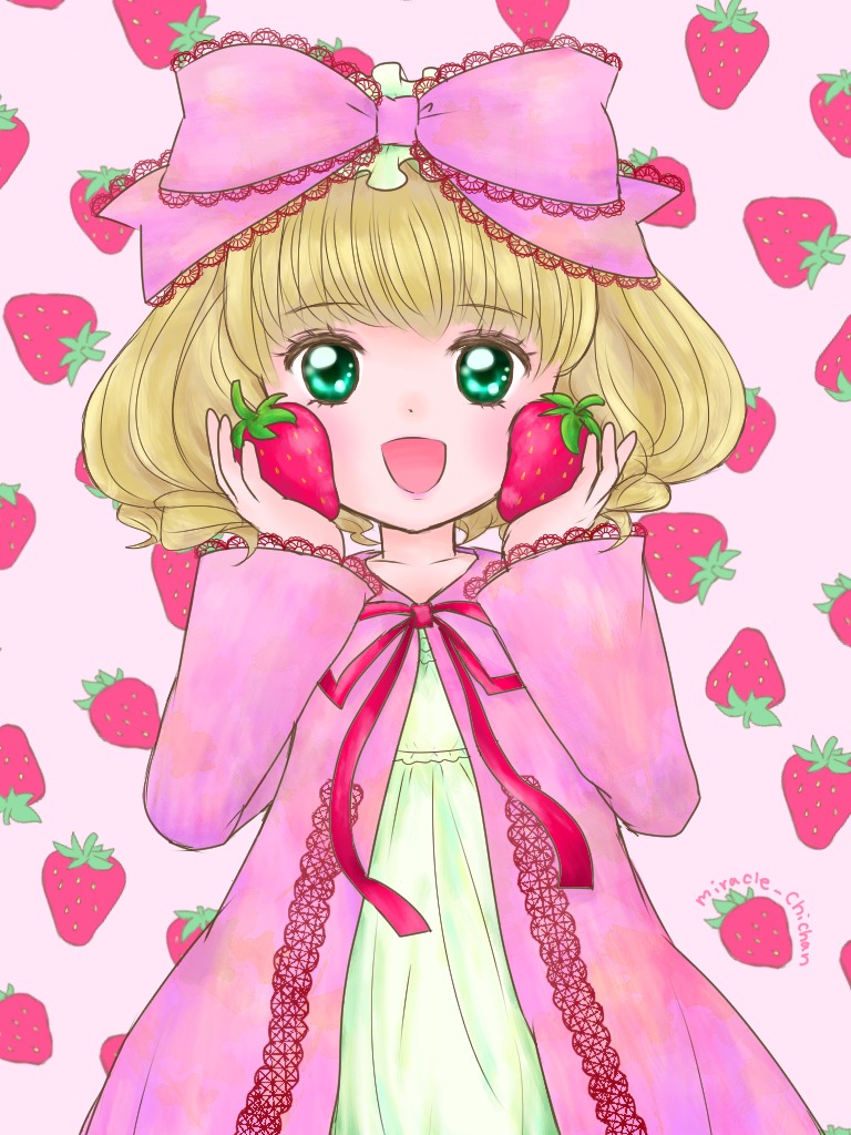 1girl apple blonde_hair bow cherry dress food food_print fruit grapes green_eyes hinaichigo holding_food holding_fruit image looking_at_viewer open_mouth pink_background pink_bow smile solo strawberry strawberry_hair_ornament strawberry_print twintails watermelon