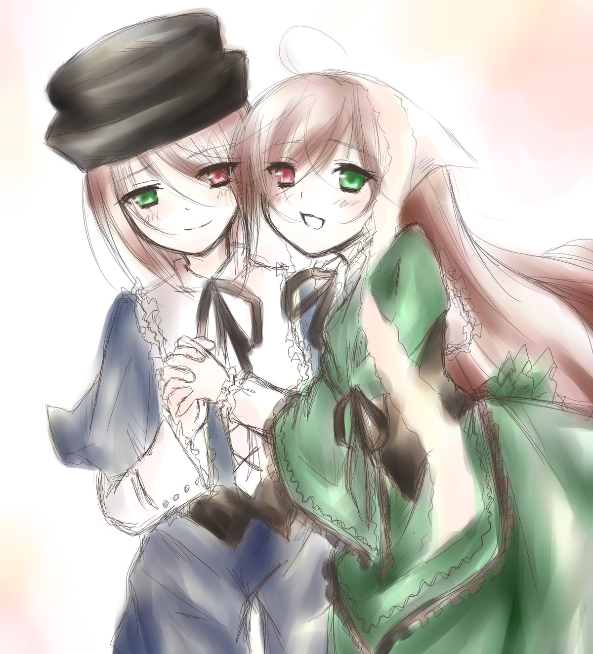 2girls :d blush dress frills green_dress green_eyes hat head_scarf heterochromia holding_hands image interlocked_fingers long_hair long_sleeves looking_at_viewer multiple_girls open_mouth pair red_eyes siblings sisters smile souseiseki suiseiseki twins very_long_hair