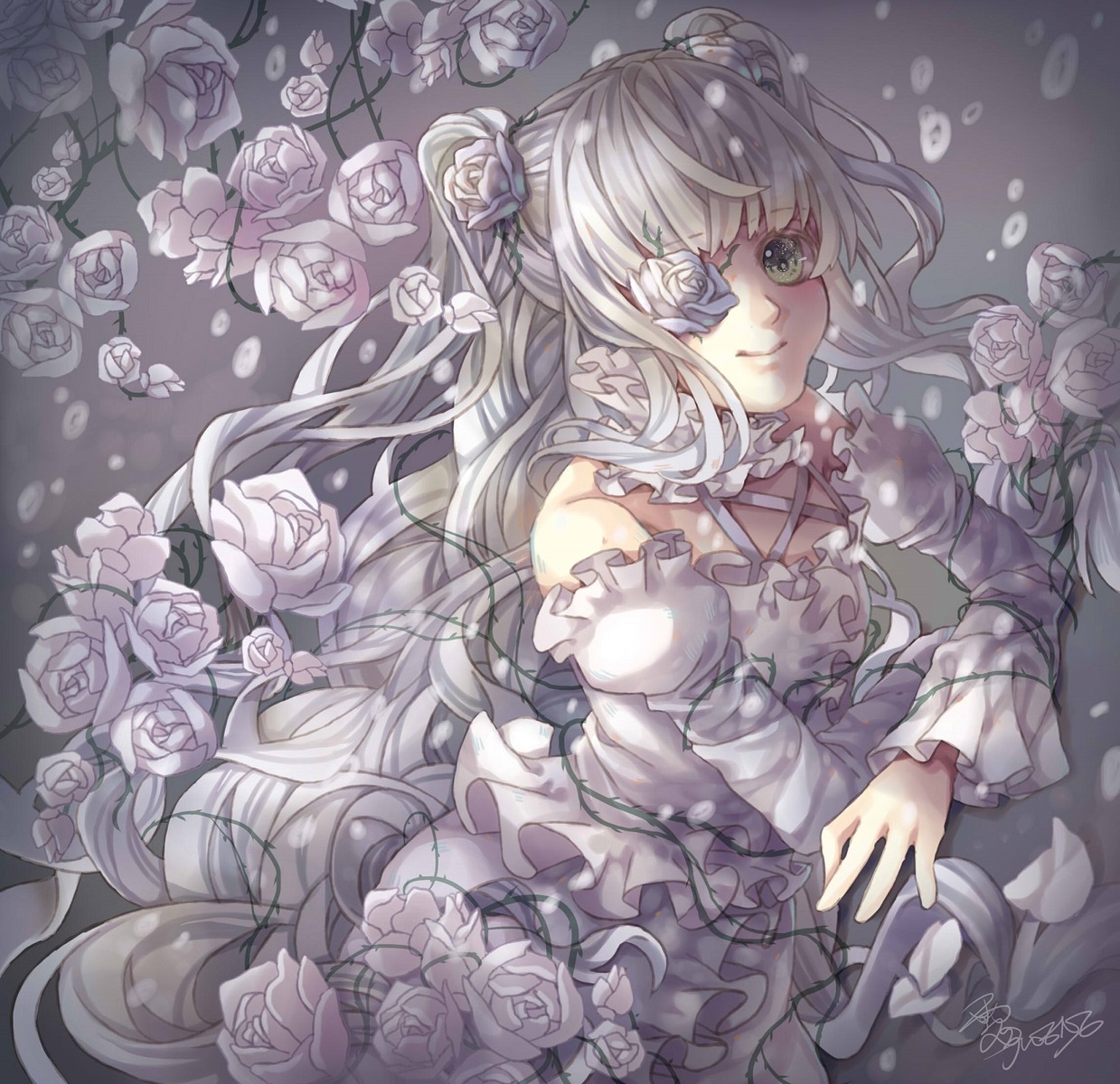 1girl black_rose detached_sleeves dress eyepatch flower frills image kirakishou long_hair long_sleeves looking_at_viewer pink_rose rose smile solo thorns two_side_up very_long_hair white_flower white_rose