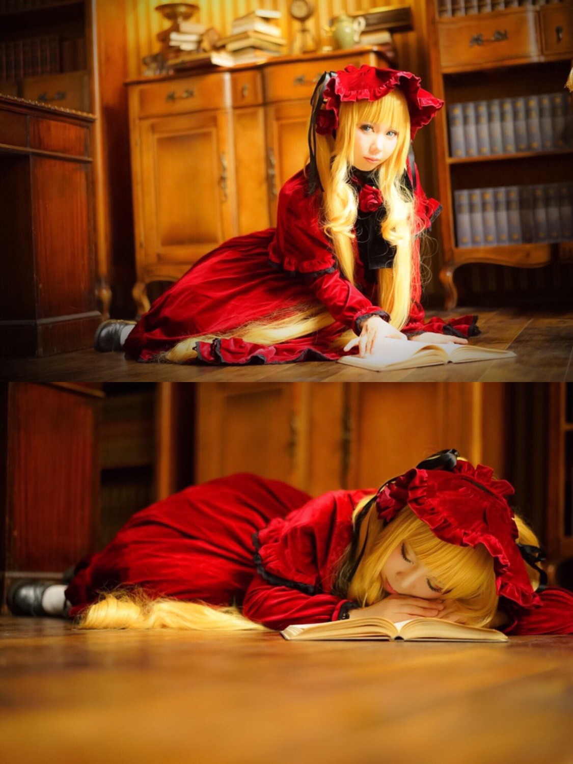 2girls blonde_hair bonnet bow closed_eyes dress flower indoors long_hair long_sleeves multiple_girls photo red_dress rose shinku shoes sitting sleeping solo standing window