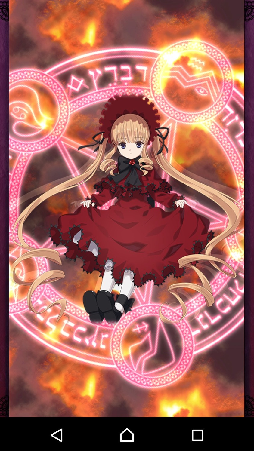 1girl blonde_hair blue_eyes bow card_(medium) dress hair_ribbon image long_hair long_sleeves looking_at_viewer magic_circle red_dress ribbon shinku shoes solo twintails very_long_hair