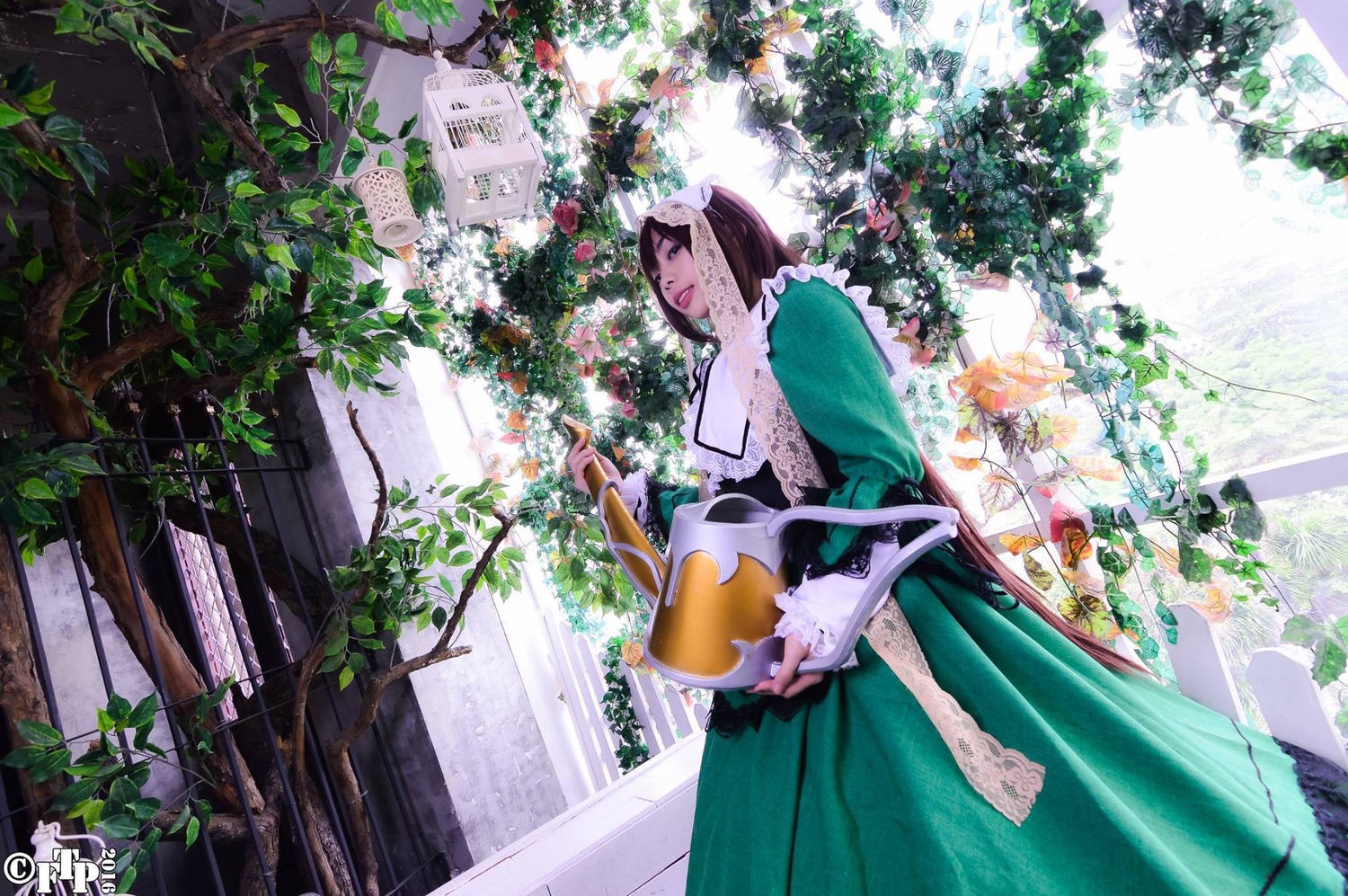 1girl apron brown_hair dress flower green_dress plant solo suiseiseki watering_can