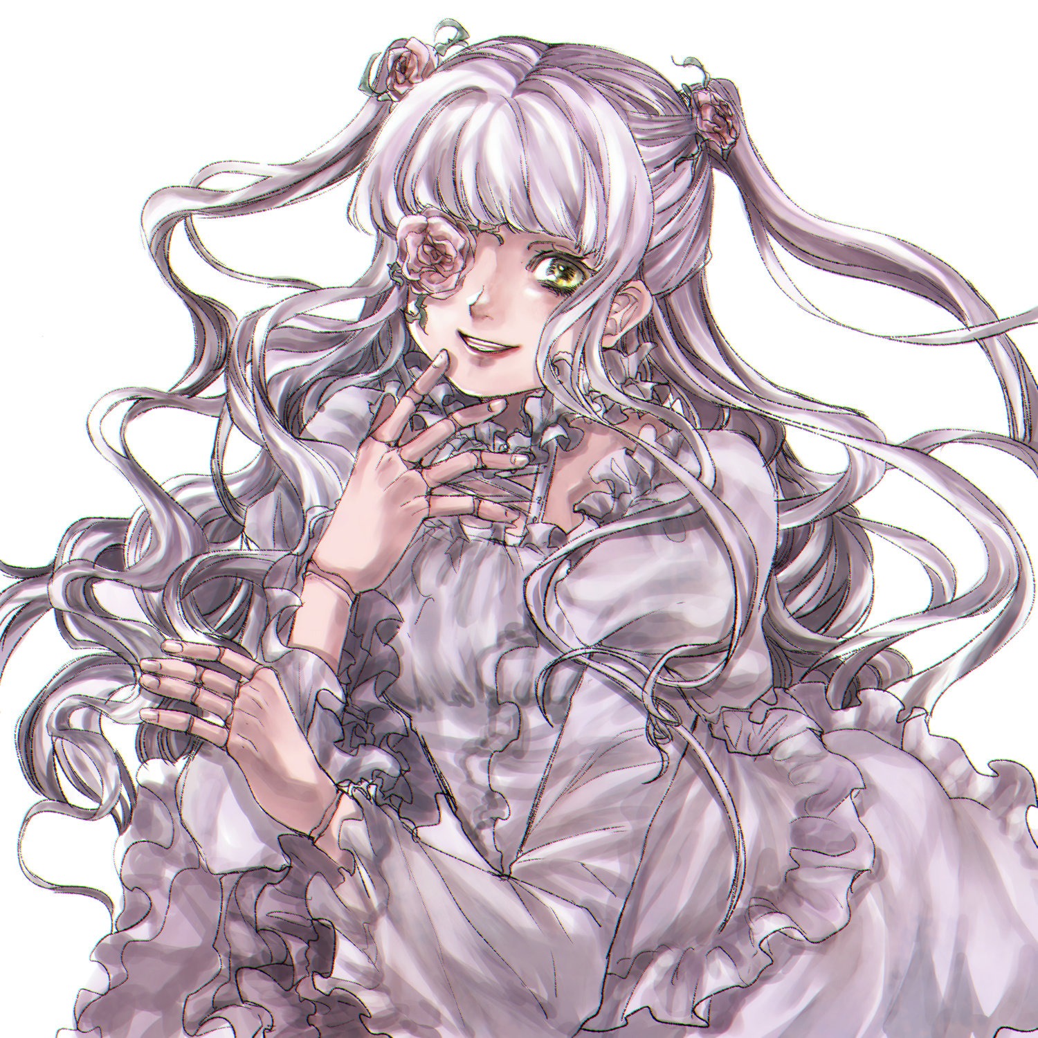 1girl dress eyepatch frills hair_ornament image kirakishou long_hair long_sleeves silver_hair smile solo very_long_hair white_dress yellow_eyes