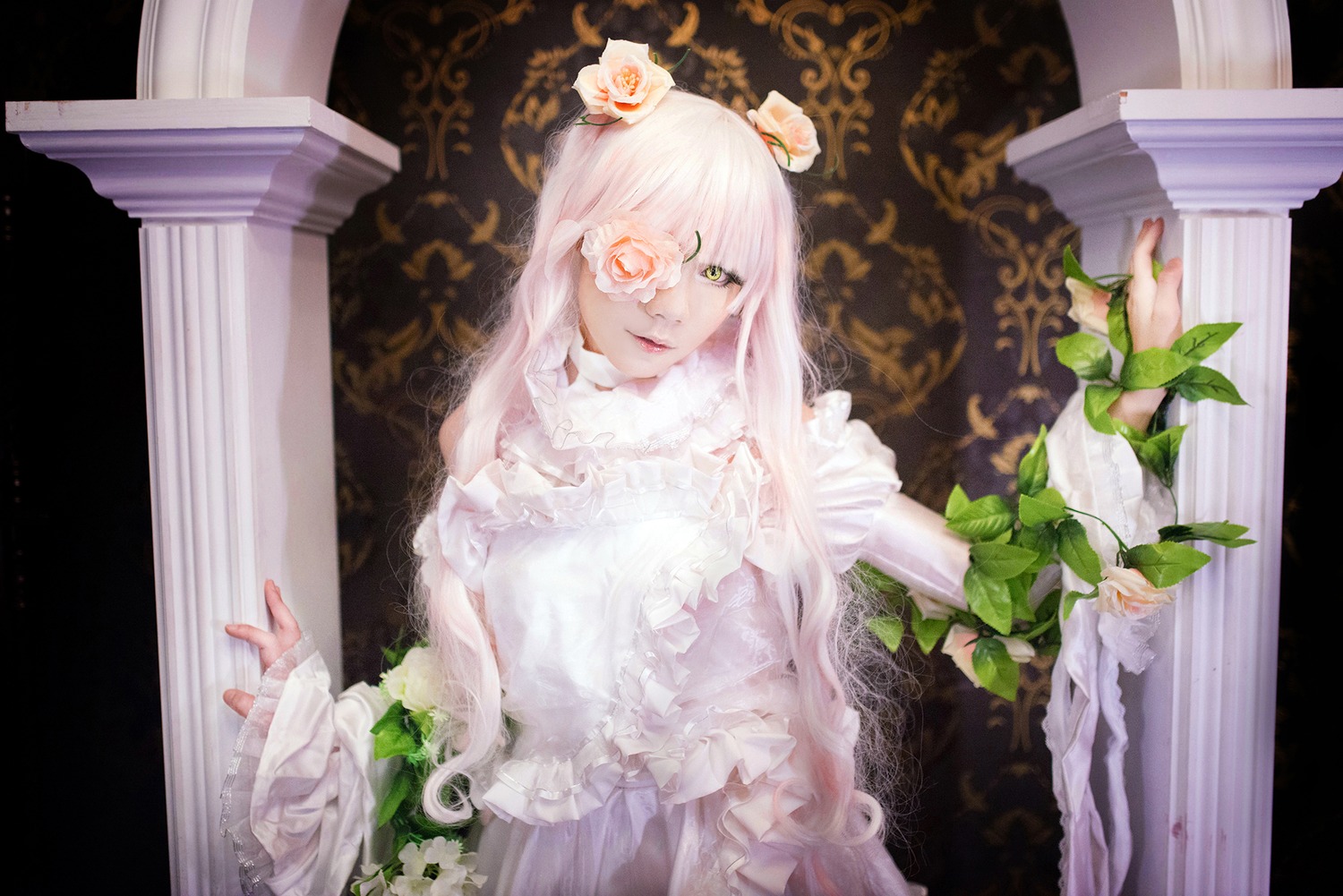 1girl bangs curtains dress flower frills kirakishou lips long_hair looking_at_viewer plant solo white_dress white_flower white_hair