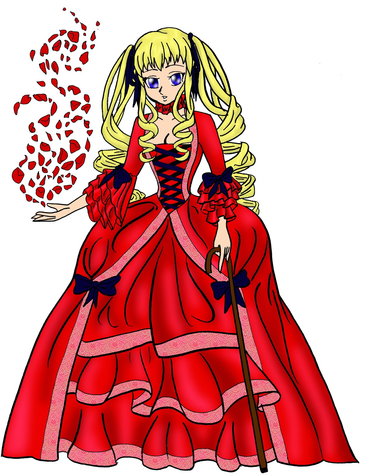 1girl blonde_hair blue_eyes bow breasts choker cleavage dress drill_hair frills full_body image long_hair petals red_dress rose shinku solo twintails