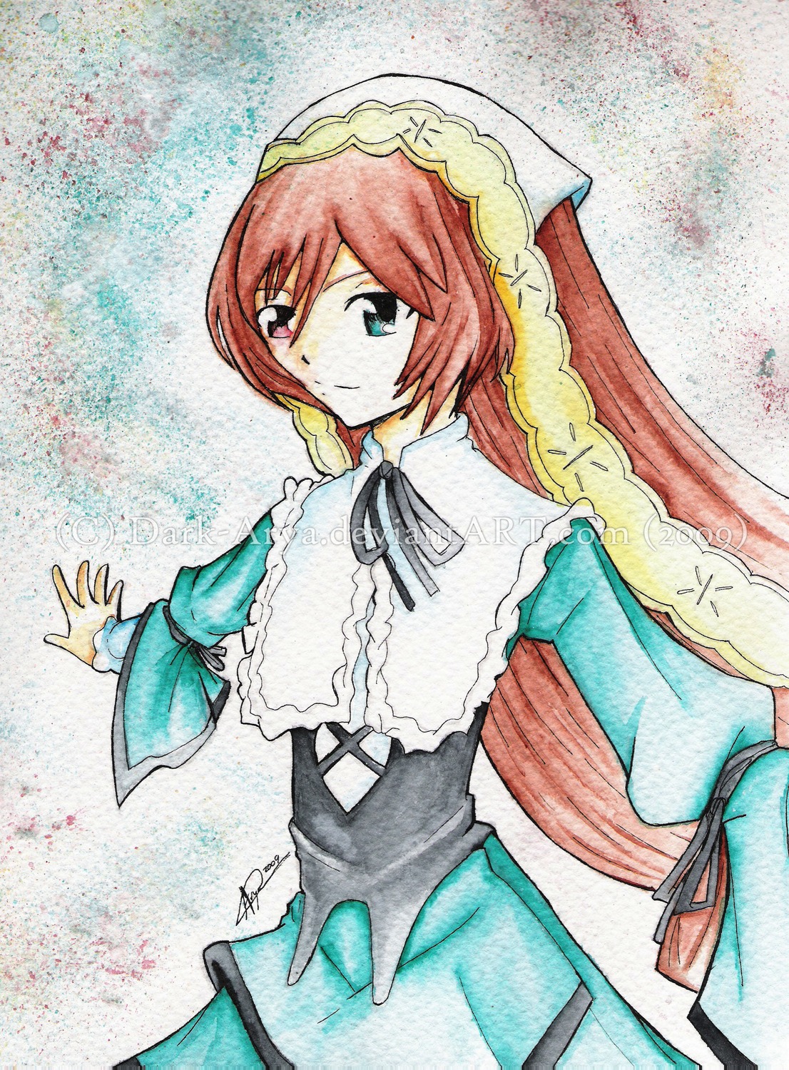 1girl auto_tagged blue_dress dress frills green_dress green_eyes heterochromia image long_hair long_sleeves looking_at_viewer red_eyes ribbon smile solo suiseiseki traditional_media very_long_hair watercolor_(medium)