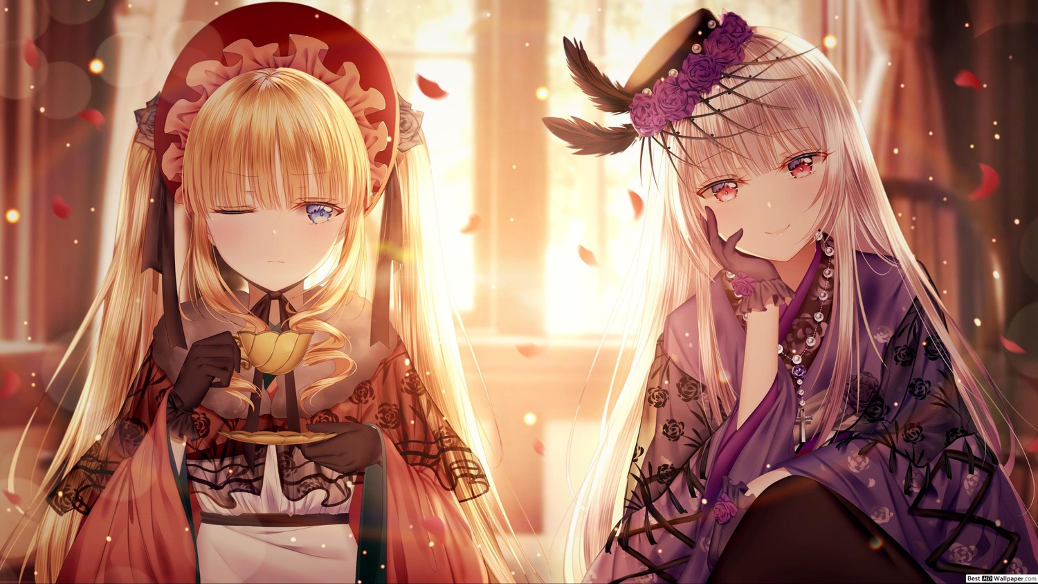 2girls bangs blonde_hair blue_eyes blurry_background blush closed_mouth curtains dress eyebrows_visible_through_hair feathers flower gloves hat imageshinku indoors long_hair looking_at_viewer multiple_girls one_eye_closed petals red_eyes see-through shinku smile suigintou twintails very_long_hair window