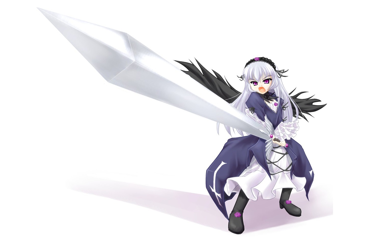 1girl black_footwear black_wings boots dress flower frills full_body hairband image long_hair long_sleeves looking_at_viewer open_mouth pink_eyes rose silver_hair solo suigintou sword weapon wings