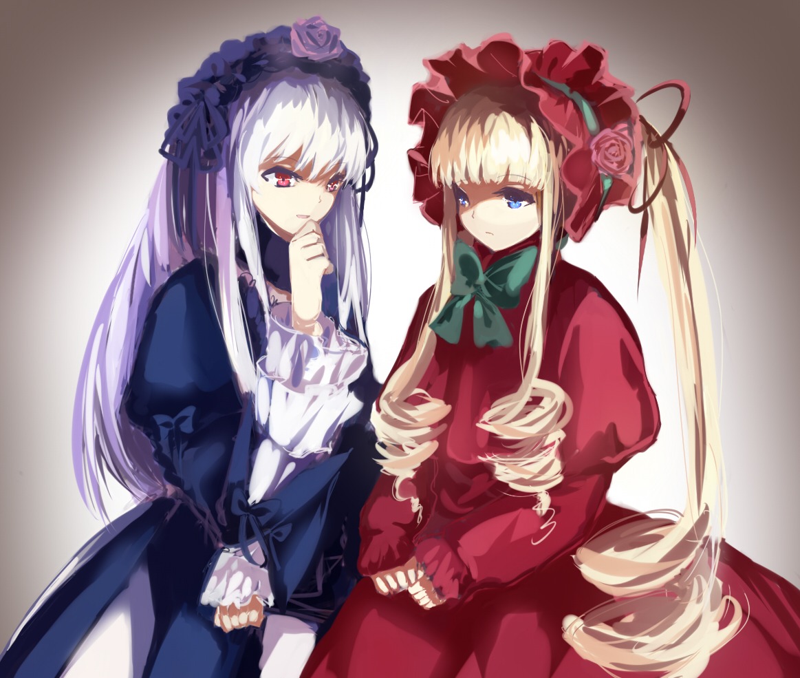 2girls blonde_hair blue_eyes bonnet bow bowtie dress drill_hair flower holding_hands image long_hair long_sleeves multiple_girls pair red_eyes rose shinku suigintou twin_drills twintails