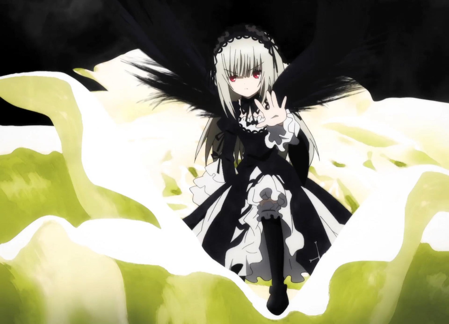 1girl bangs black_dress black_footwear black_ribbon black_wings boots dress feathers flower frills full_body hairband image lolita_fashion long_hair long_sleeves looking_at_viewer red_eyes ribbon rose silver_hair solo suigintou wings