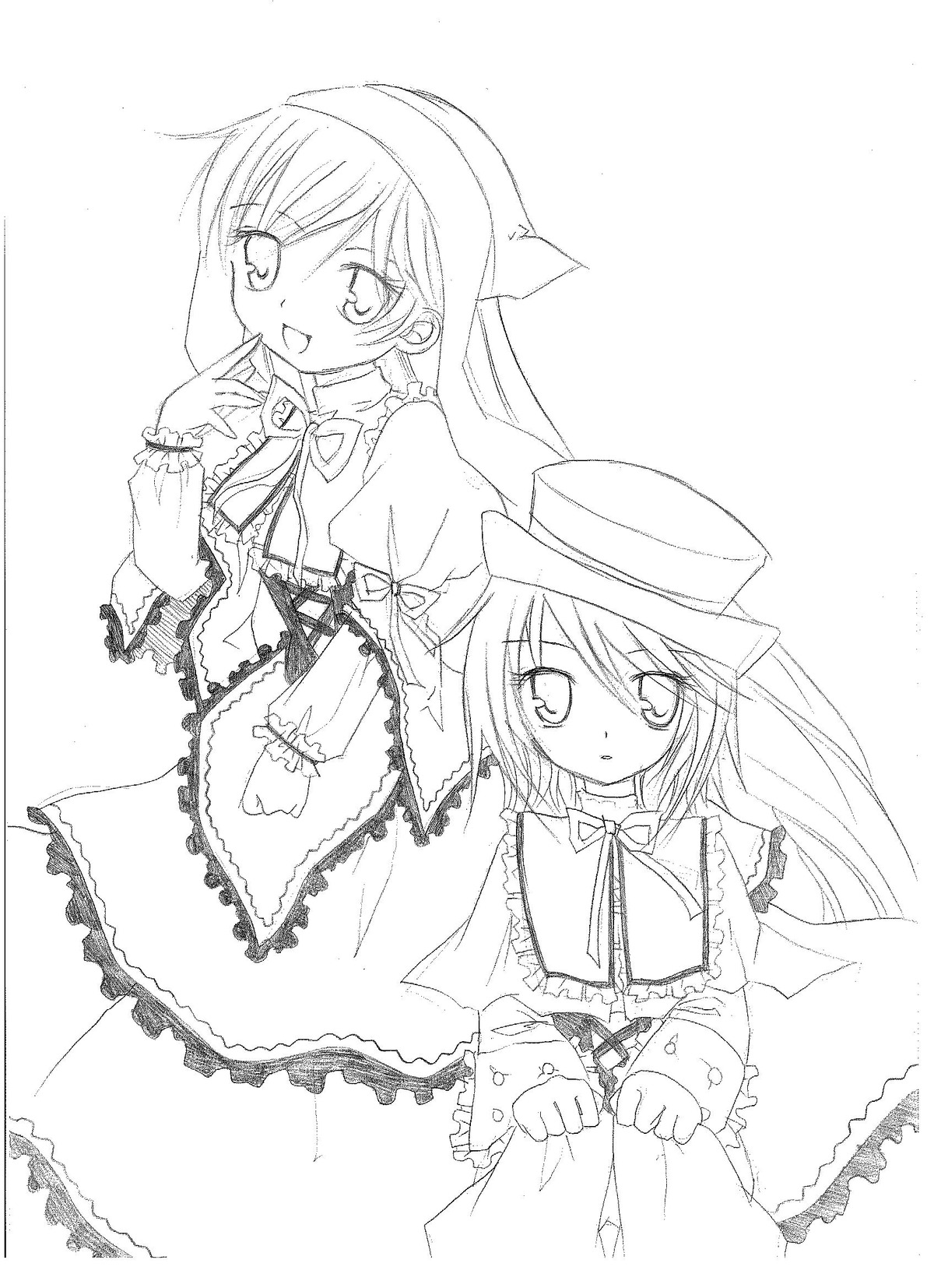 2girls capelet dress frills hat image long_hair long_sleeves looking_at_viewer monochrome multiple_girls open_mouth pair ribbon sisters souseiseki standing suiseiseki very_long_hair
