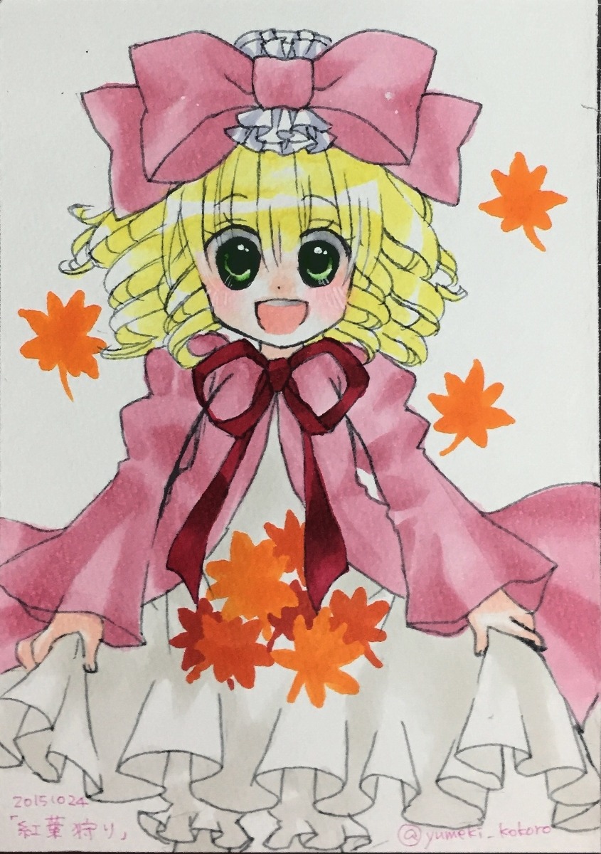 1girl :d autumn autumn_leaves blonde_hair bow cowboy_shot dress eyebrows_visible_through_hair falling_leaves green_eyes hina_ichigo hinaichigo image leaf long_sleeves looking_at_viewer maple_leaf marker_(medium) open_mouth pink_bow short_hair skirt_hold smile solo traditional_media