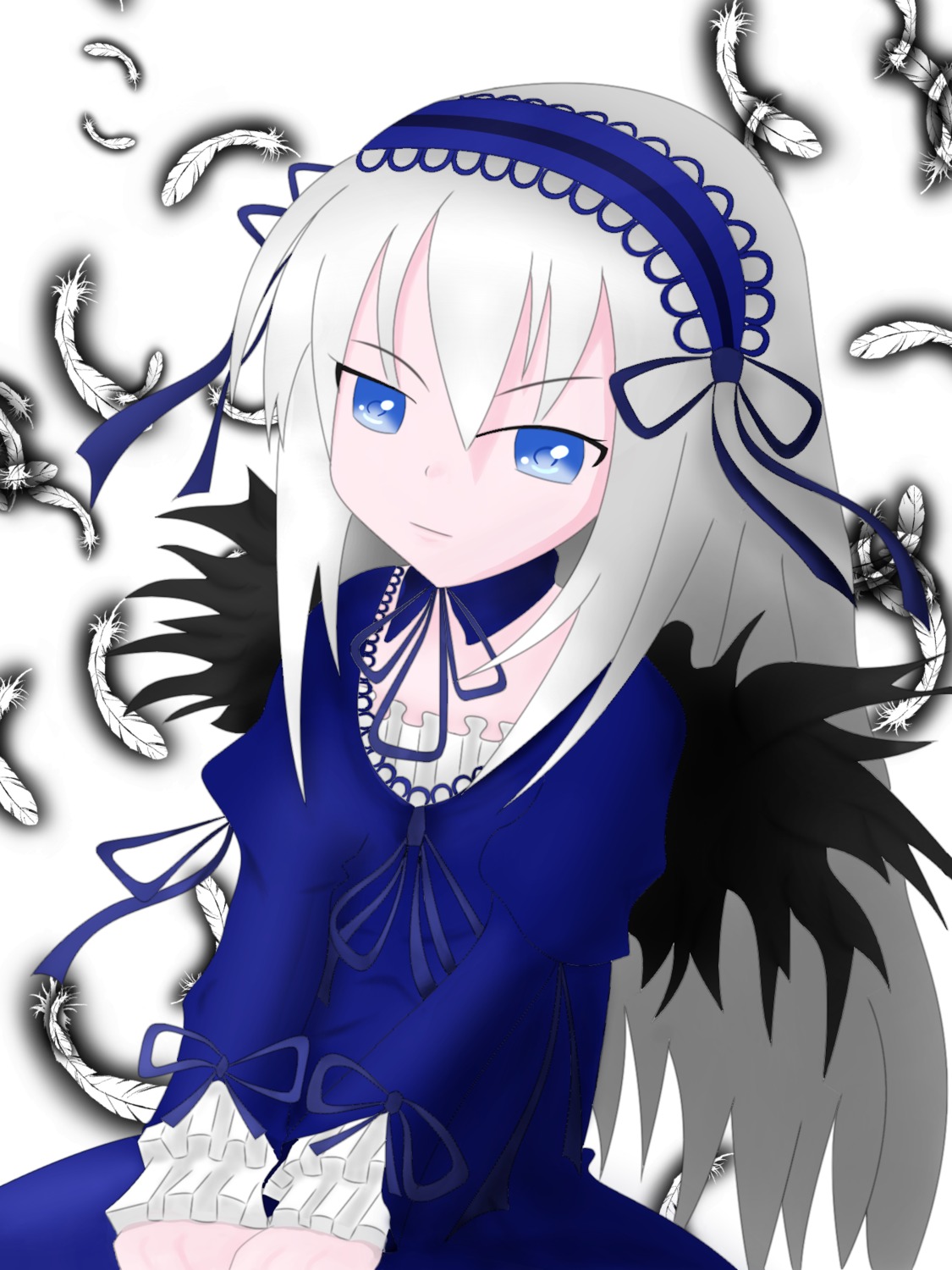1girl bird black_feathers black_wings blue_eyes dove dress feathered_wings feathers flower frills hairband image long_hair ribbon seagull silver_hair solo suigintou white_feathers wings