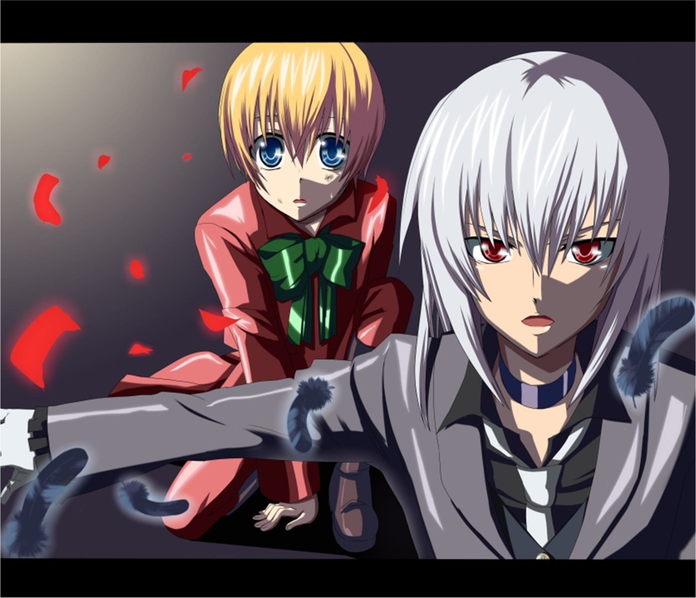 1boy blonde_hair blood blue_eyes bow bowtie image letterboxed long_hair necktie pair petals red_eyes school_uniform shinku short_hair silver_hair striped suigintou