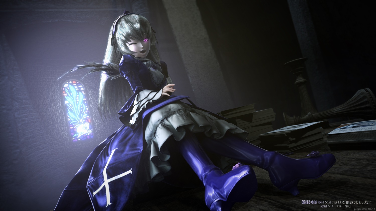 1girl boots dress frills hairband high_heel_boots high_heels image long_sleeves looking_at_viewer purple_eyes silver_hair solo suigintou wide_sleeves