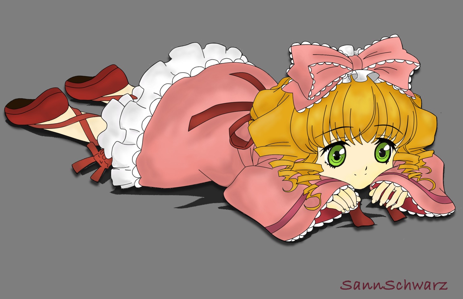 1girl blonde_hair bloomers bow dress drill_hair frills full_body green_eyes hair_bow hina_ichigo hinaichigo image long_sleeves looking_at_viewer lying pink_bow pink_dress ribbon shoes solo transparent_background