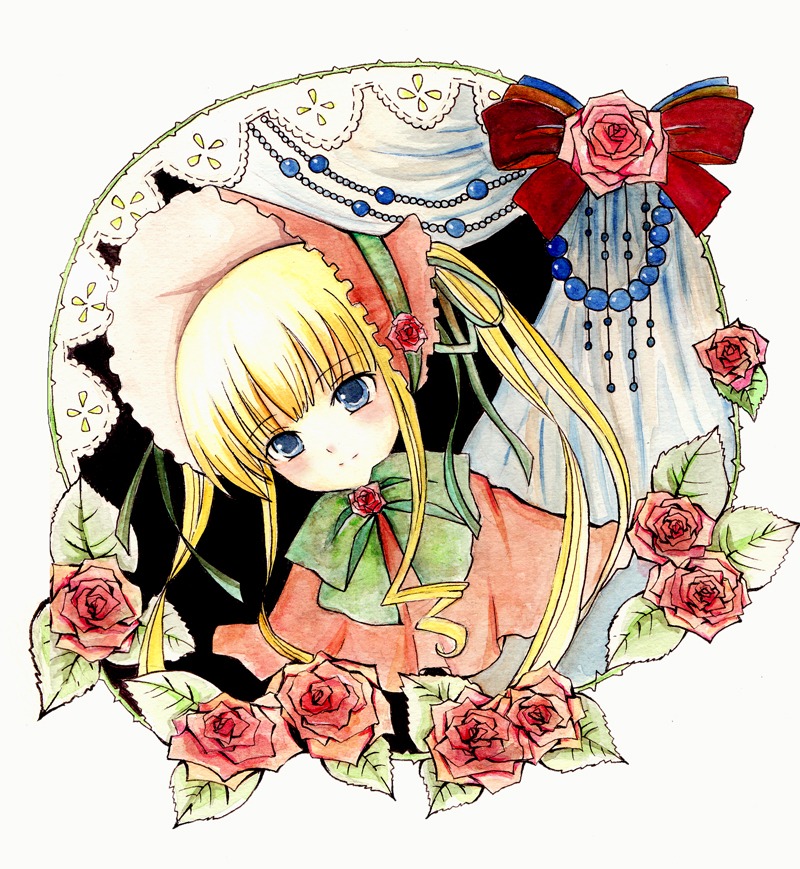 1girl blonde_hair blue_eyes blush bonnet bow flower green_bow image long_hair long_sleeves looking_at_viewer orange_flower pink_flower pink_rose red_flower red_rose rose shinku solo thorns twintails yellow_rose