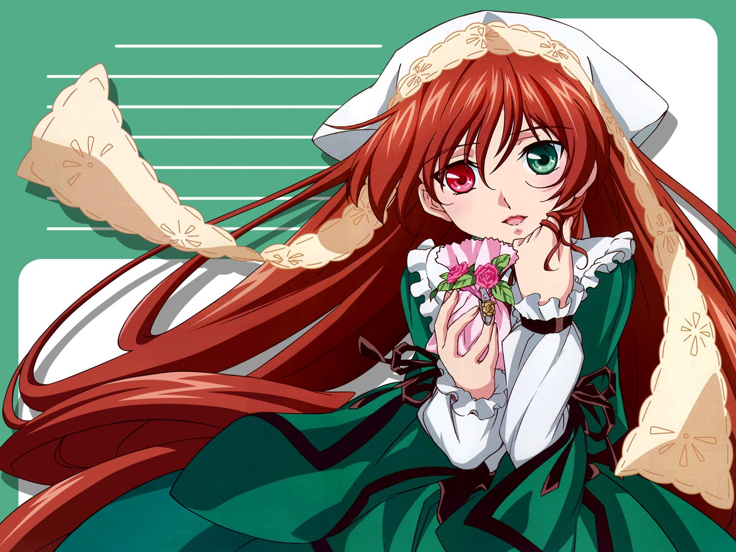 1girl brown_hair dress flower frills green_dress green_eyes heterochromia highres holding image long_hair long_sleeves looking_at_viewer red_eyes ribbon rose rozen_maiden solo suiseiseki tamura_masafumi very_long_hair