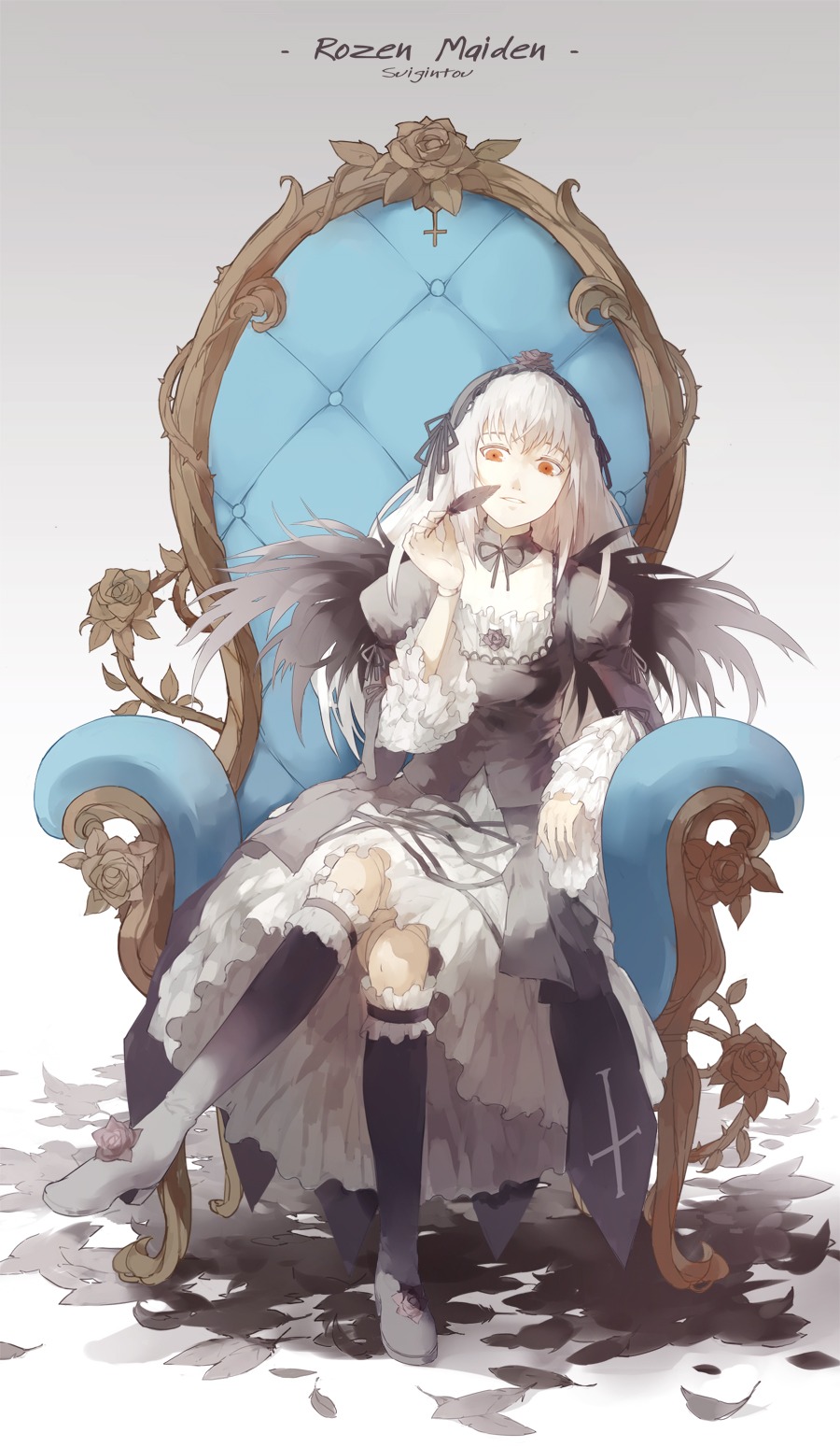 1girl boots chair commentary_request doll doll_joints dress feathers flower frills full_body gothic_lolita hairband highres image joints knee_boots lolita_fashion long_hair long_sleeves looking_at_viewer nine_(liuyuhao1992) photoshop_(medium) plant red_eyes rose rozen_maiden silver_hair sitting smug solo suigintou vines wings