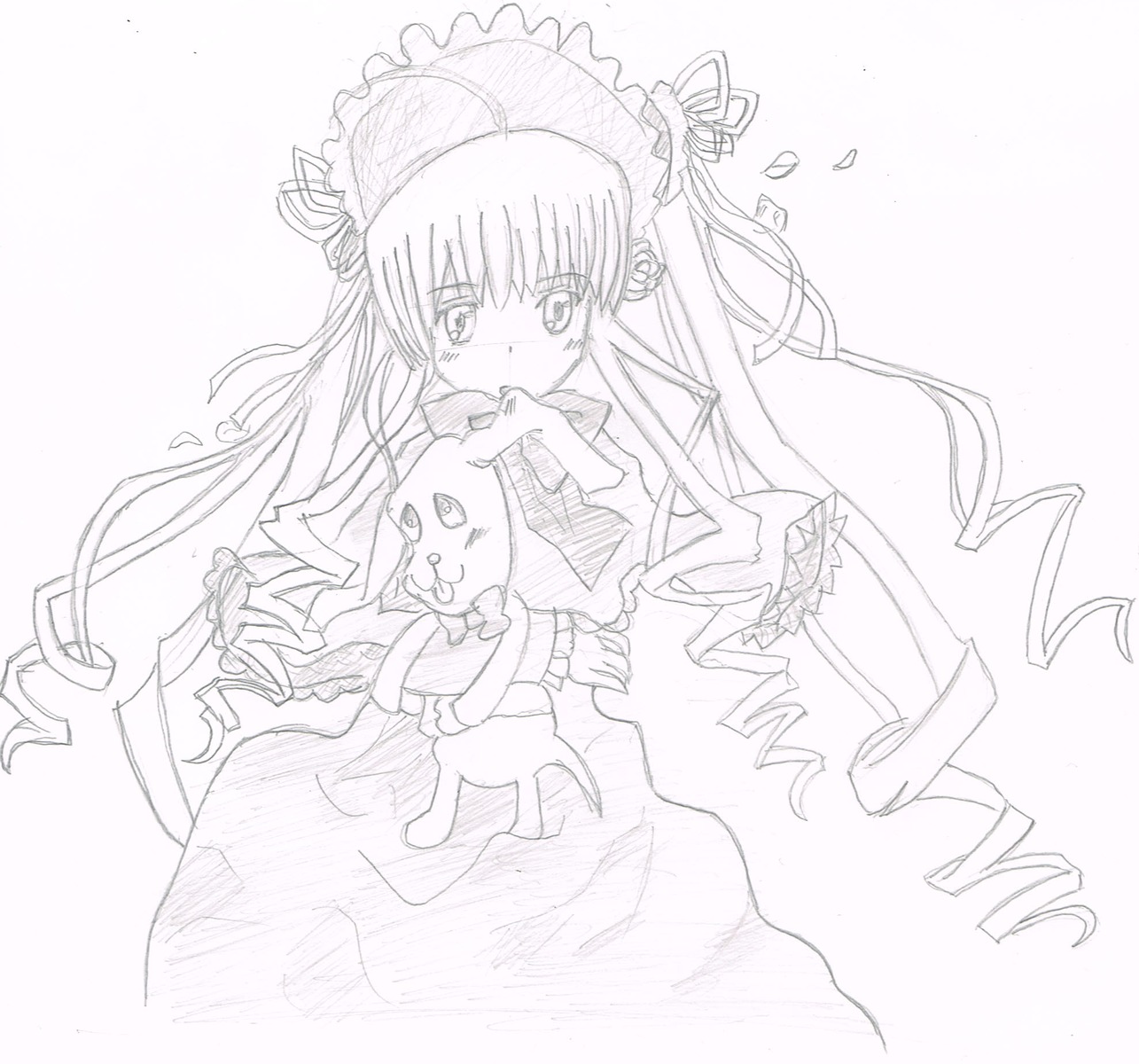 1girl ahoge blush bonnet dress drill_hair frills hat image long_hair monochrome ringlets shinku solo striped tears twin_drills twintails very_long_hair