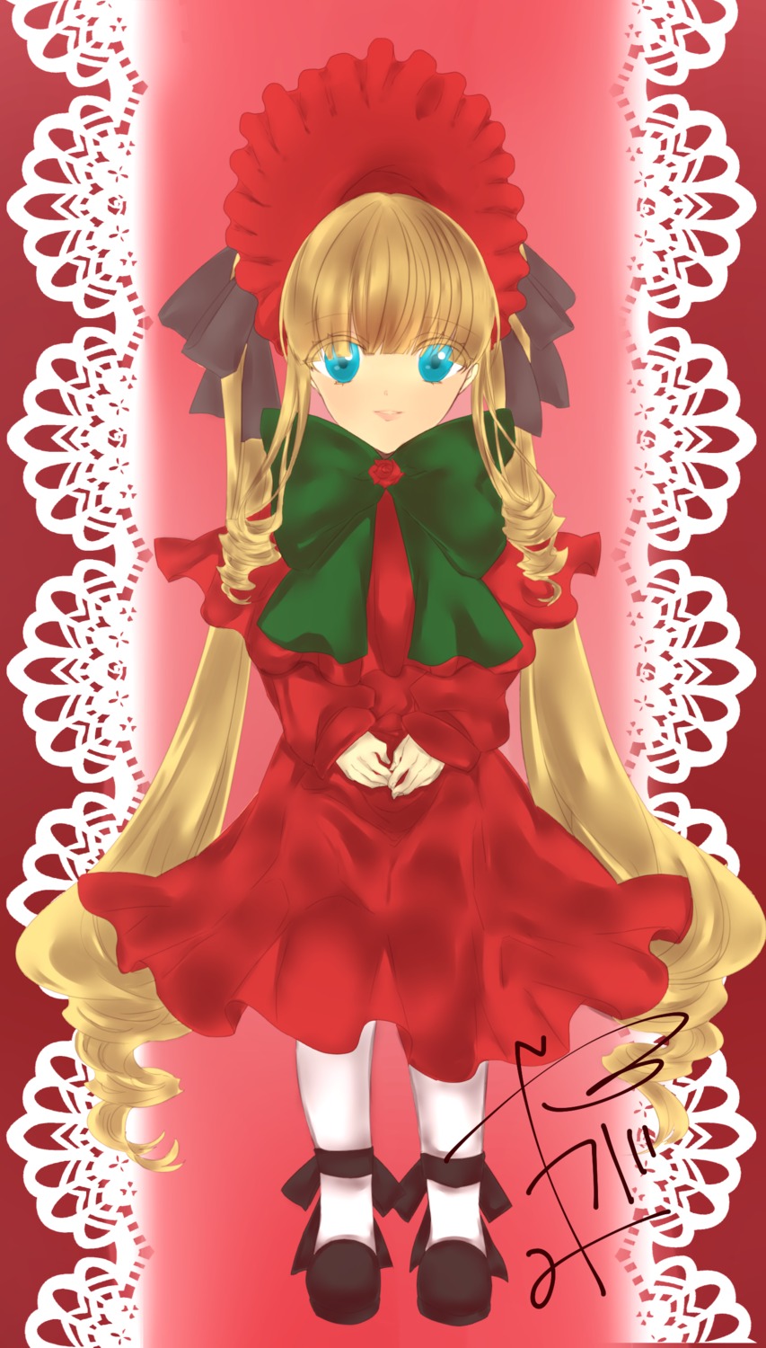 1girl blonde_hair blue_eyes bonnet bow bowtie dress drill_hair full_body green_bow image long_hair long_sleeves looking_at_viewer red_dress shinku sitting solo twintails very_long_hair