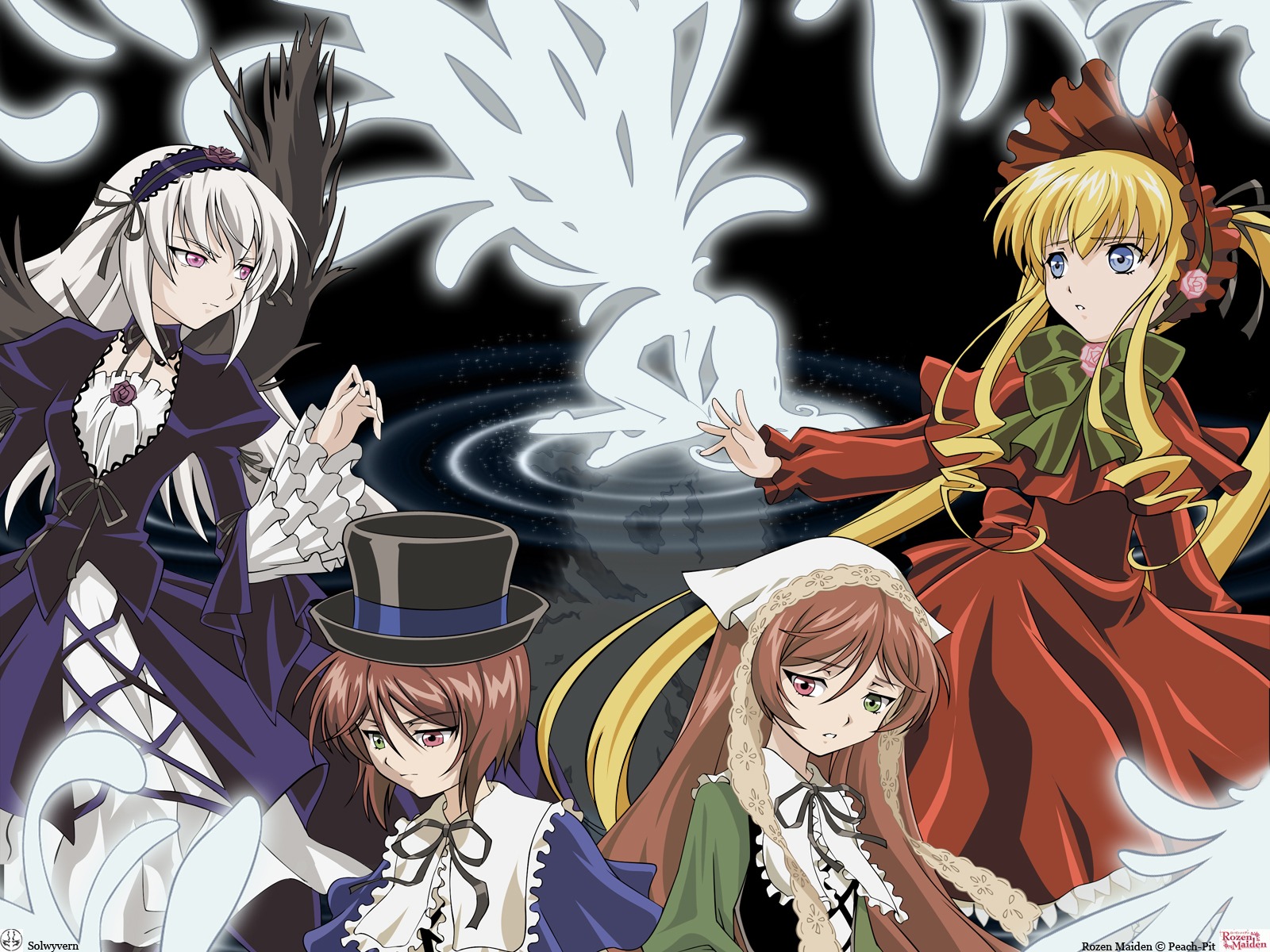 4girls blonde_hair blue_eyes bonnet bow brown_hair dress flower frills green_dress green_neckwear hairband hat head_scarf heterochromia image long_hair long_sleeves looking_at_viewer multiple multiple_girls red_dress red_eyes shinku siblings silver_hair sisters souseiseki suigintou suiseiseki tagme top_hat twins twintails very_long_hair wings