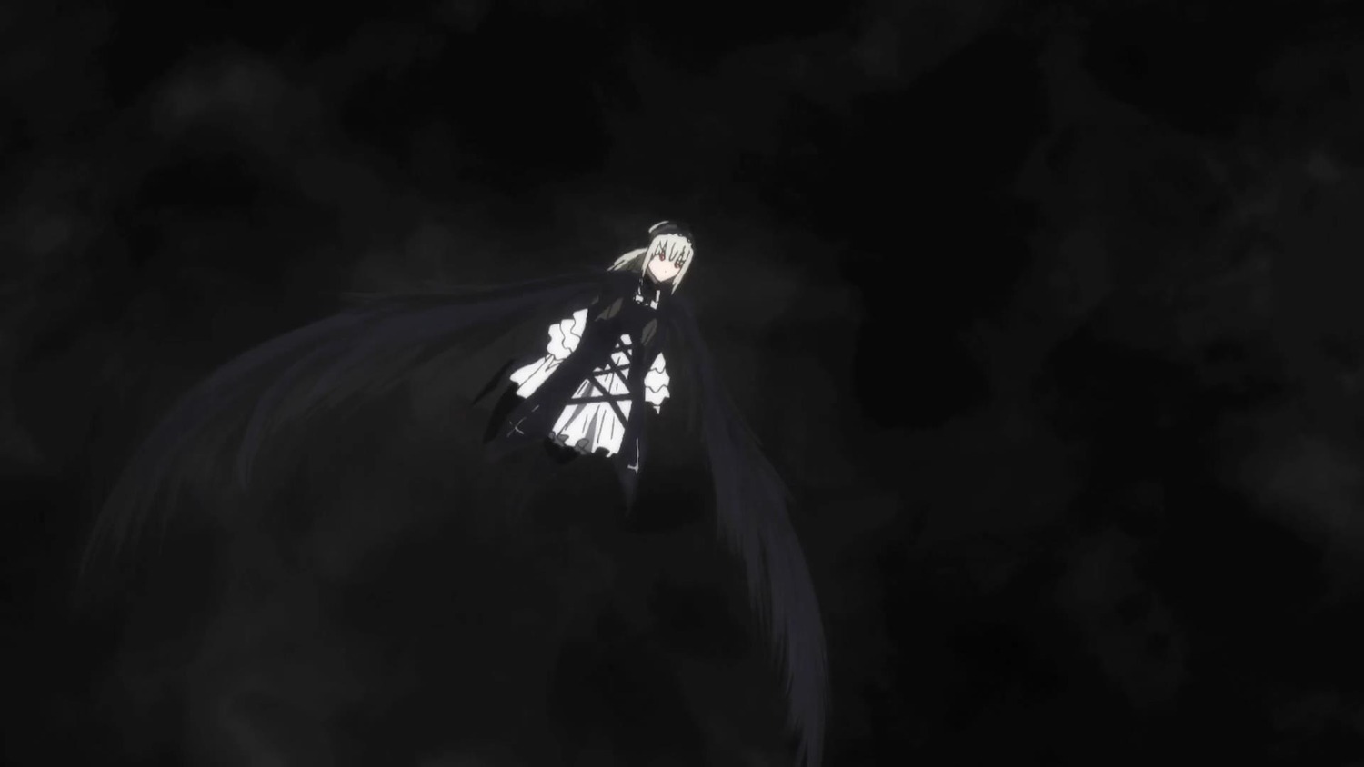 1girl auto_tagged black_background dress image long_hair long_sleeves looking_at_viewer solo standing suigintou very_long_hair