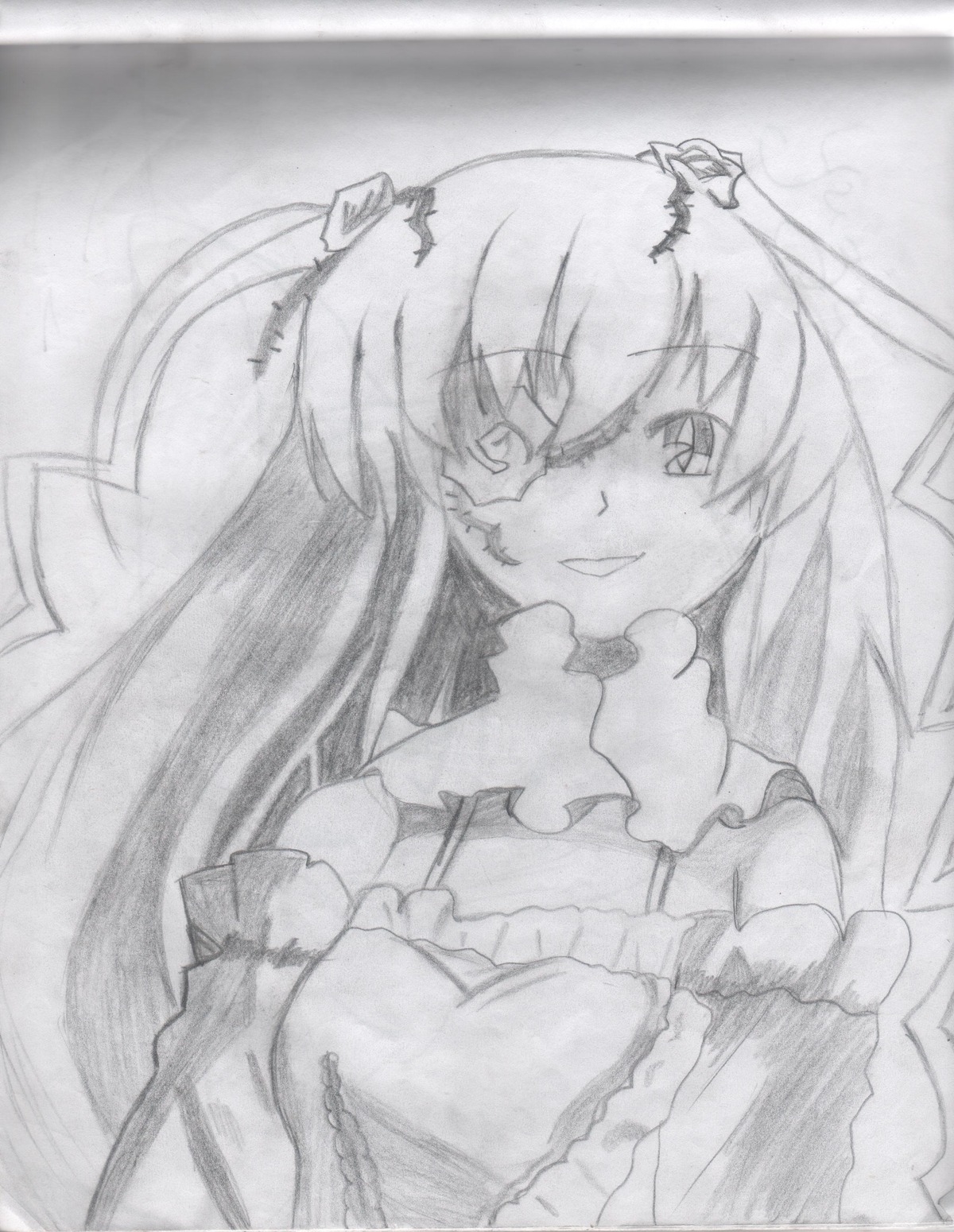 1girl frills greyscale hair_ornament image kirakishou long_hair long_sleeves looking_at_viewer monochrome smile solo traditional_media upper_body