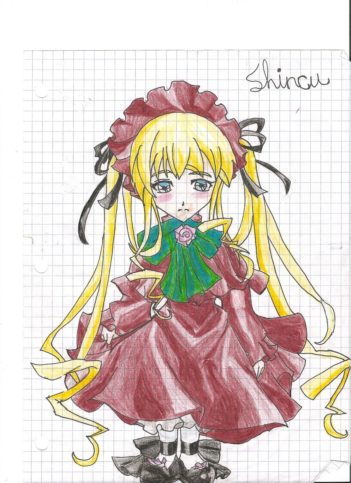 1girl black_footwear blonde_hair blue_eyes blush bonnet bow bowtie chain-link_fence dress fence green_bow image long_hair long_sleeves looking_at_viewer marker_(medium) pout red_dress shinku shoes sidelocks solo tears traditional_media twintails