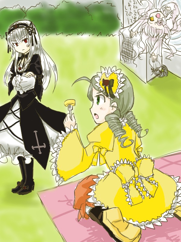 3girls boots dress drill_hair flower frills grass green_eyes green_hair hairband image kanaria long_hair long_sleeves multiple multiple_girls open_mouth red_eyes silver_hair suigintou tagme twin_drills white_hair yellow_dress