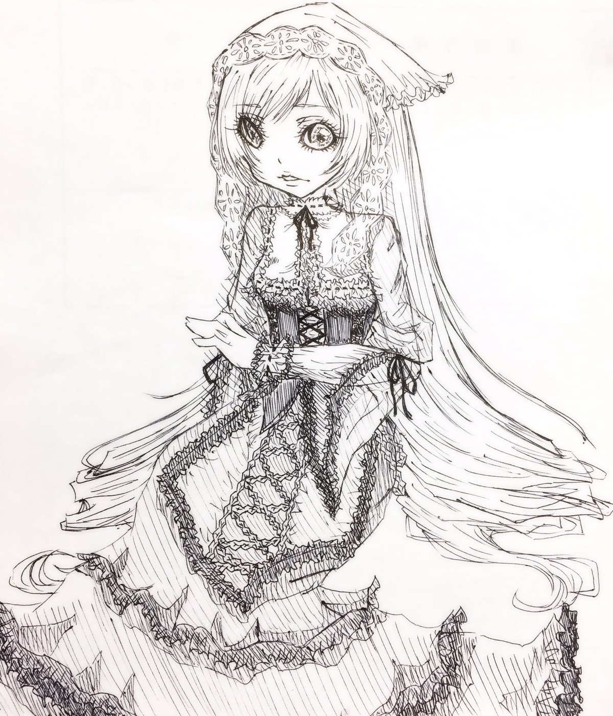 1girl dress frills greyscale image lace long_hair long_sleeves looking_at_viewer monochrome smile solo standing suiseiseki very_long_hair