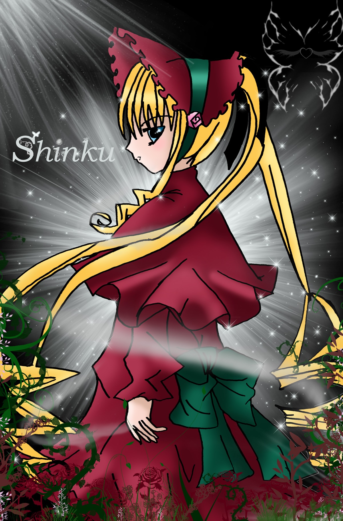 1girl blonde_hair blue_eyes bonnet bow capelet dress flower image long_hair long_sleeves outdoors rain red_dress shinku solo standing twintails very_long_hair